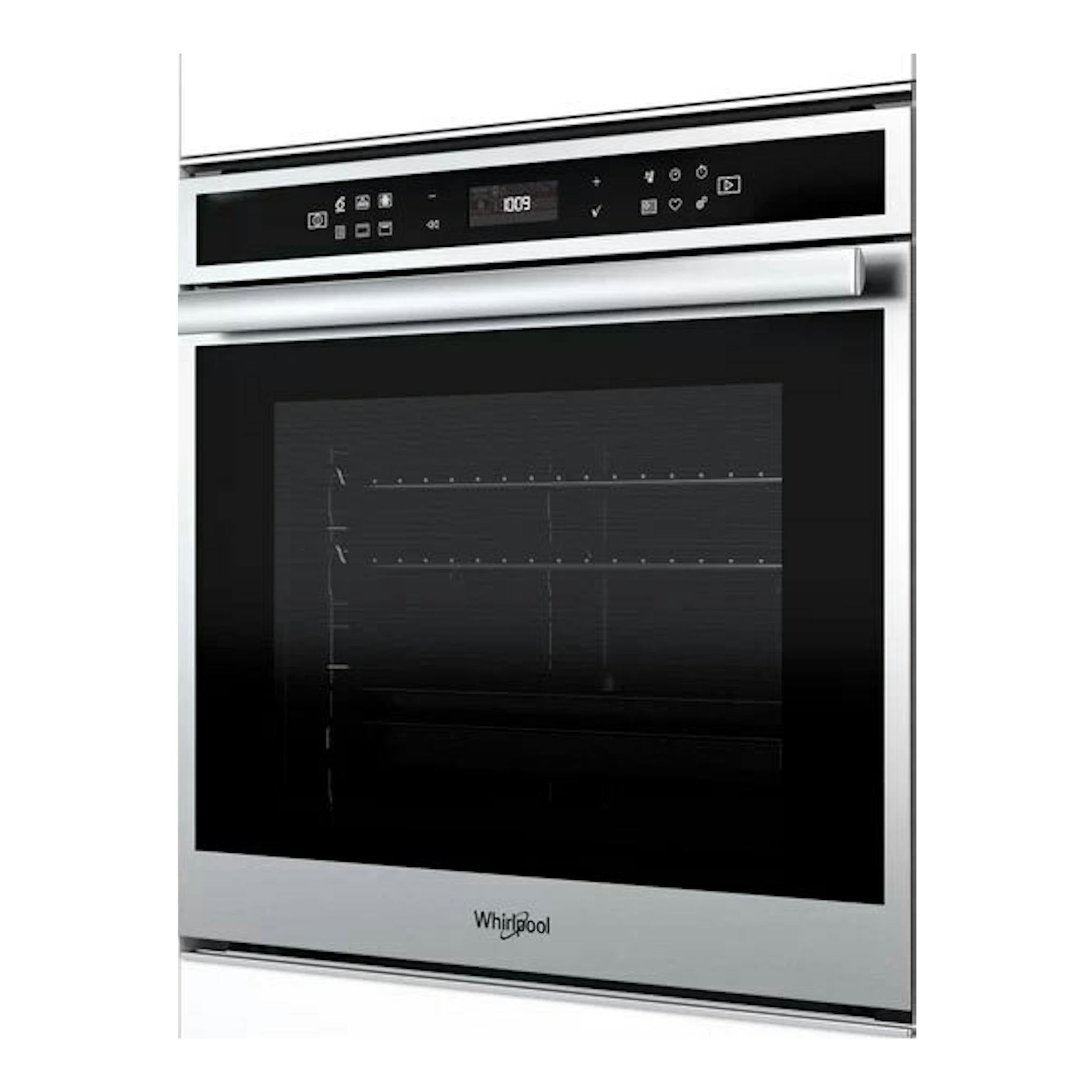 Horno Whirlpool W6 OS4 4S1 P negro, vista frontal, con puerta de cristal y panel de control superior.