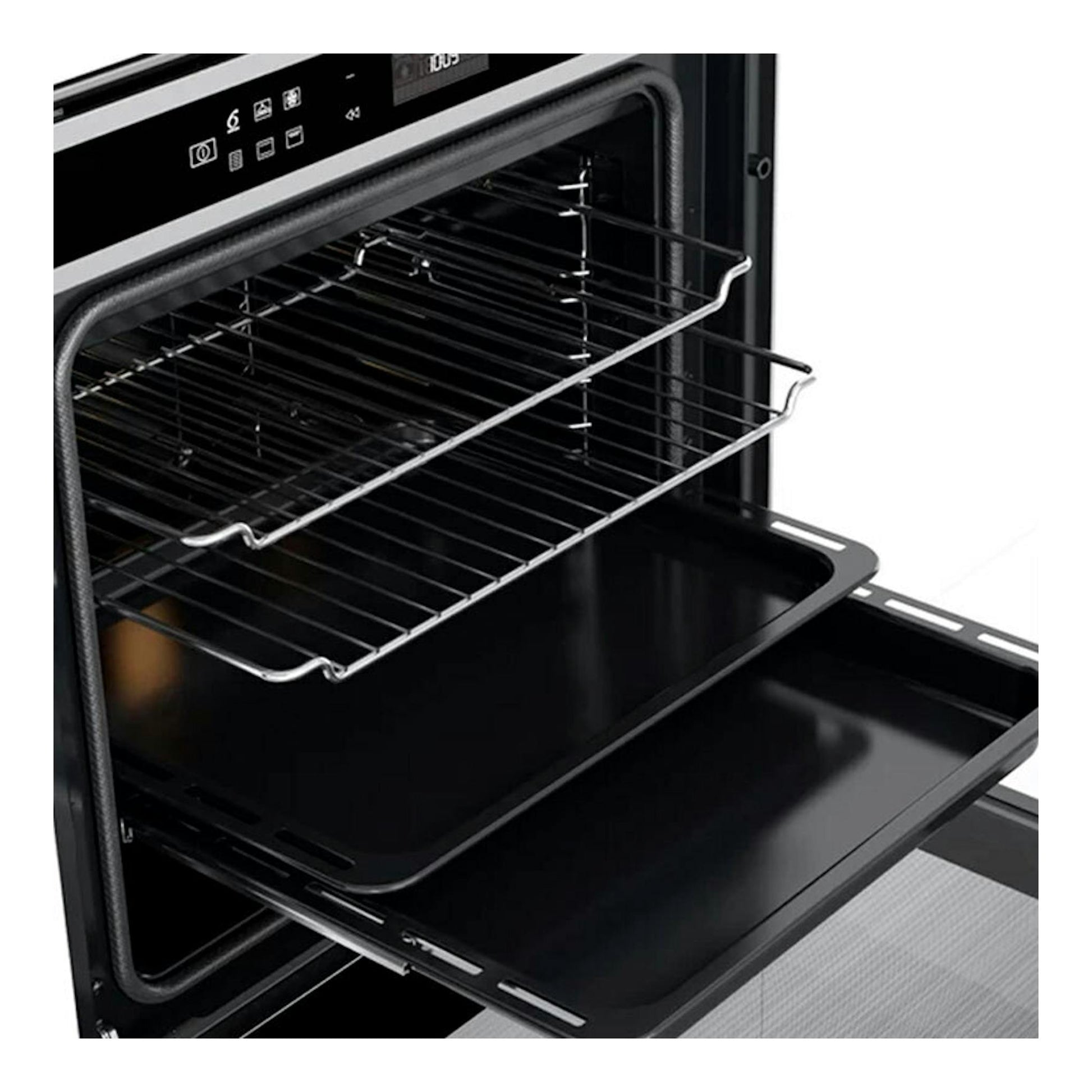 Horno Whirlpool W6 OS4 4S1 P negro, vista frontal abierta con rejillas y bandejas extraíbles.