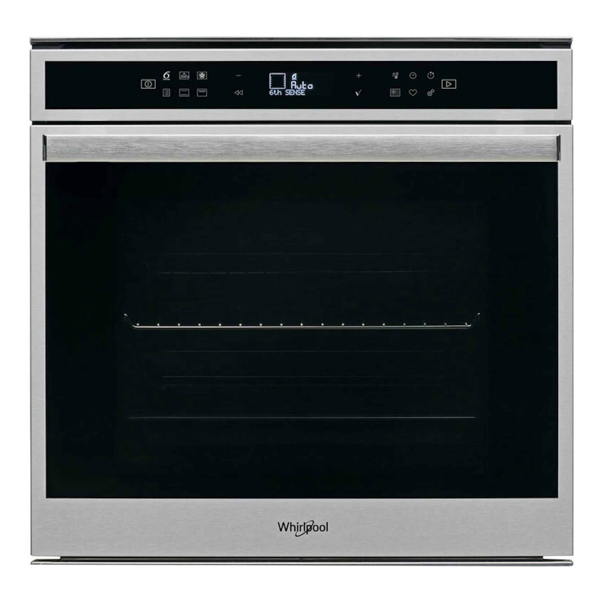 Horno Whirlpool W6OM44PBS1P inox, vista frontal, puerta de vidrio negro y panel digital superior.