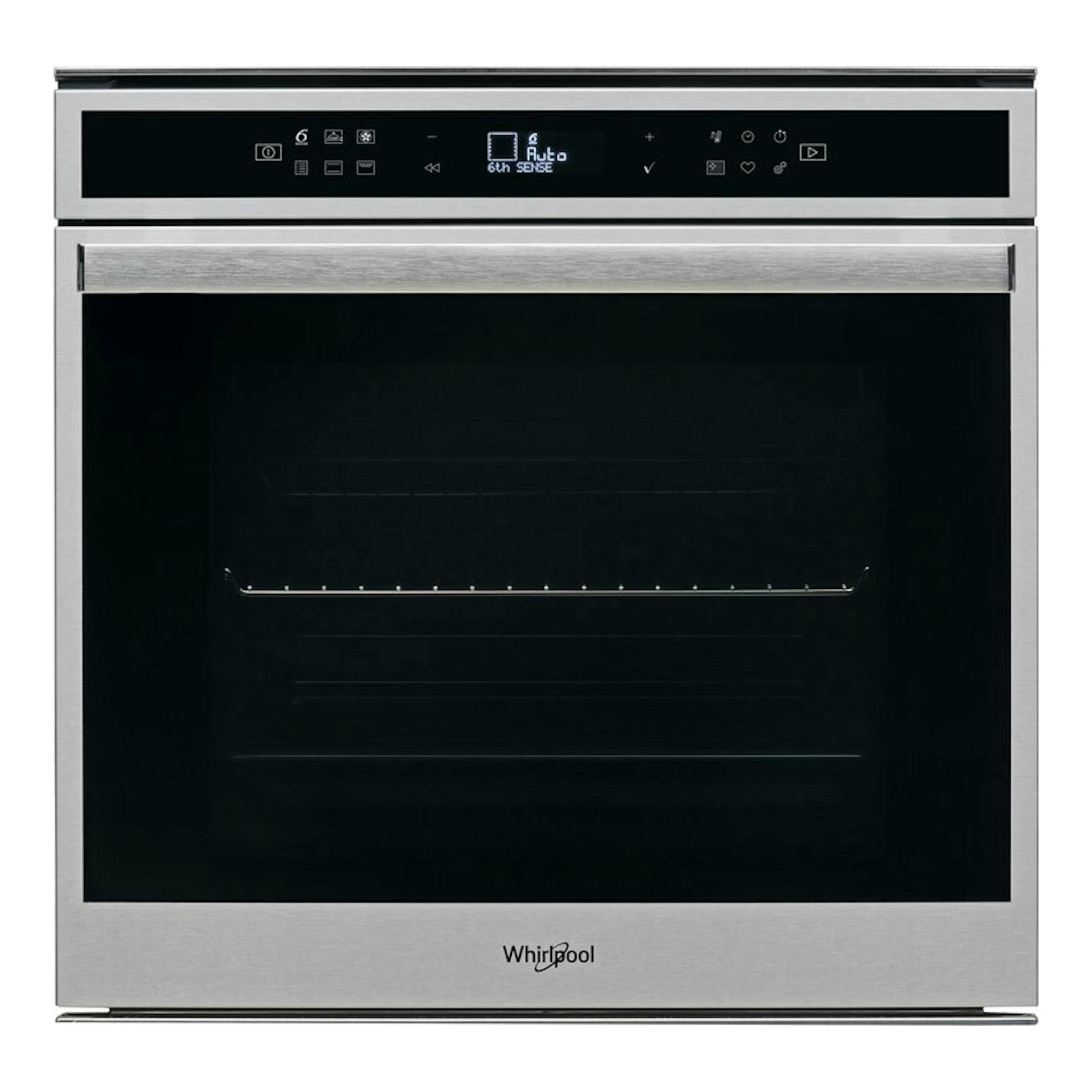 Horno Whirlpool W6OM44PBS1P inox, vista frontal, puerta de vidrio negro y panel digital superior.