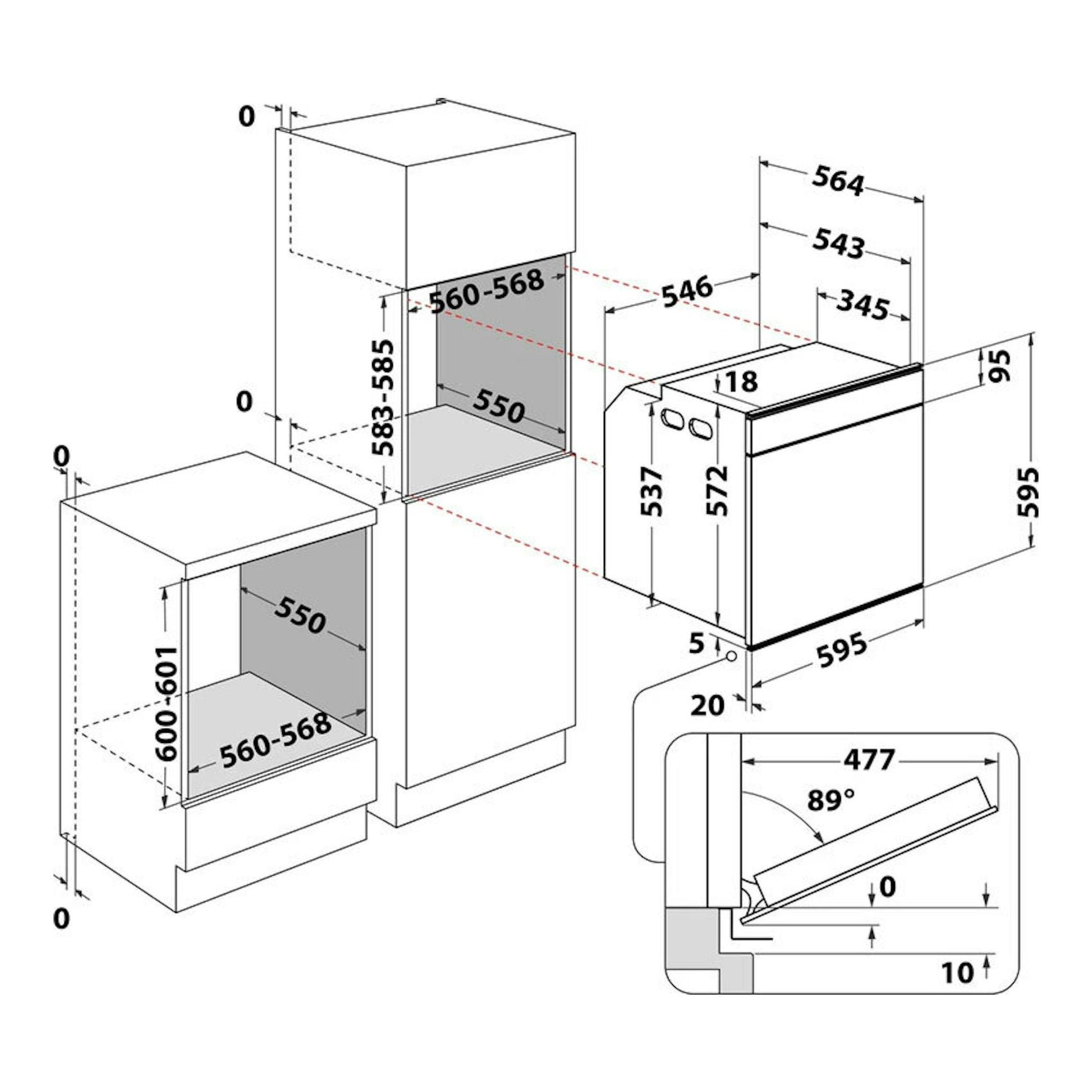 Diagrama de instalación del horno Whirlpool W6OM44PBS1P inox, con vistas frontal y lateral y medidas.