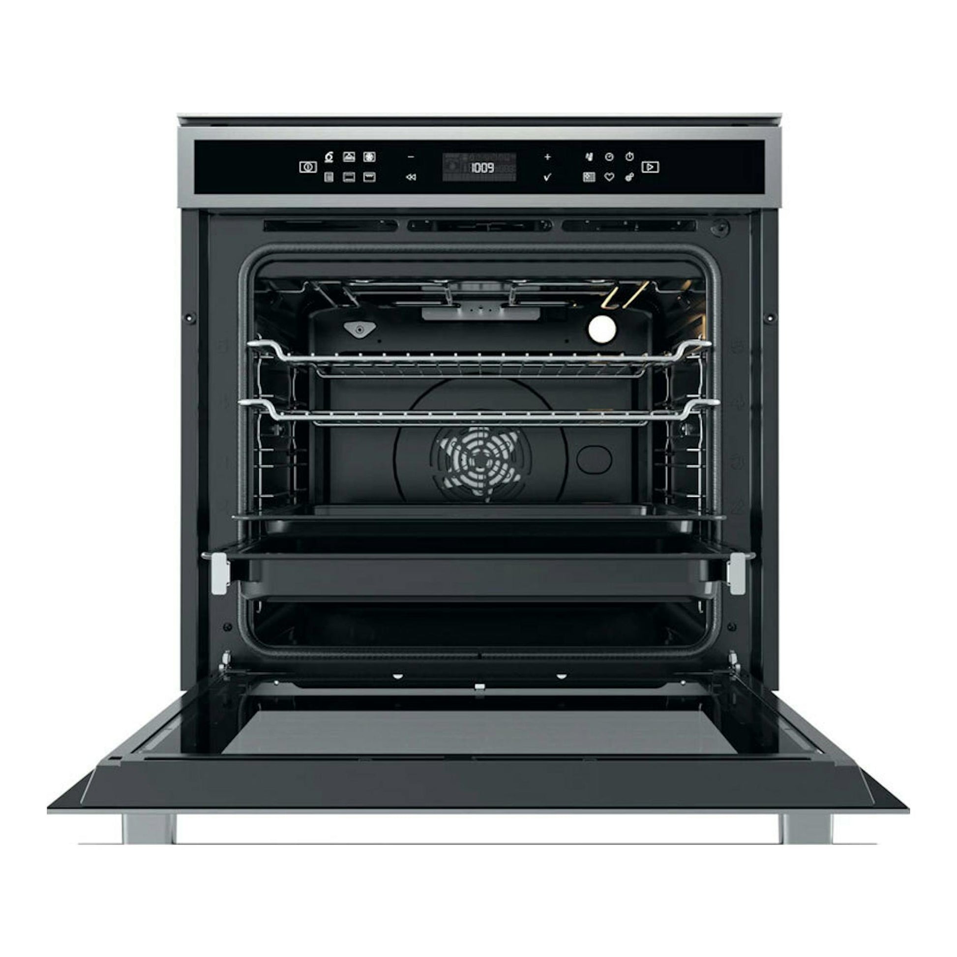 Horno Whirlpool W6OM44PBS1P inox, vista frontal con puerta abierta y cavidad interior negra.