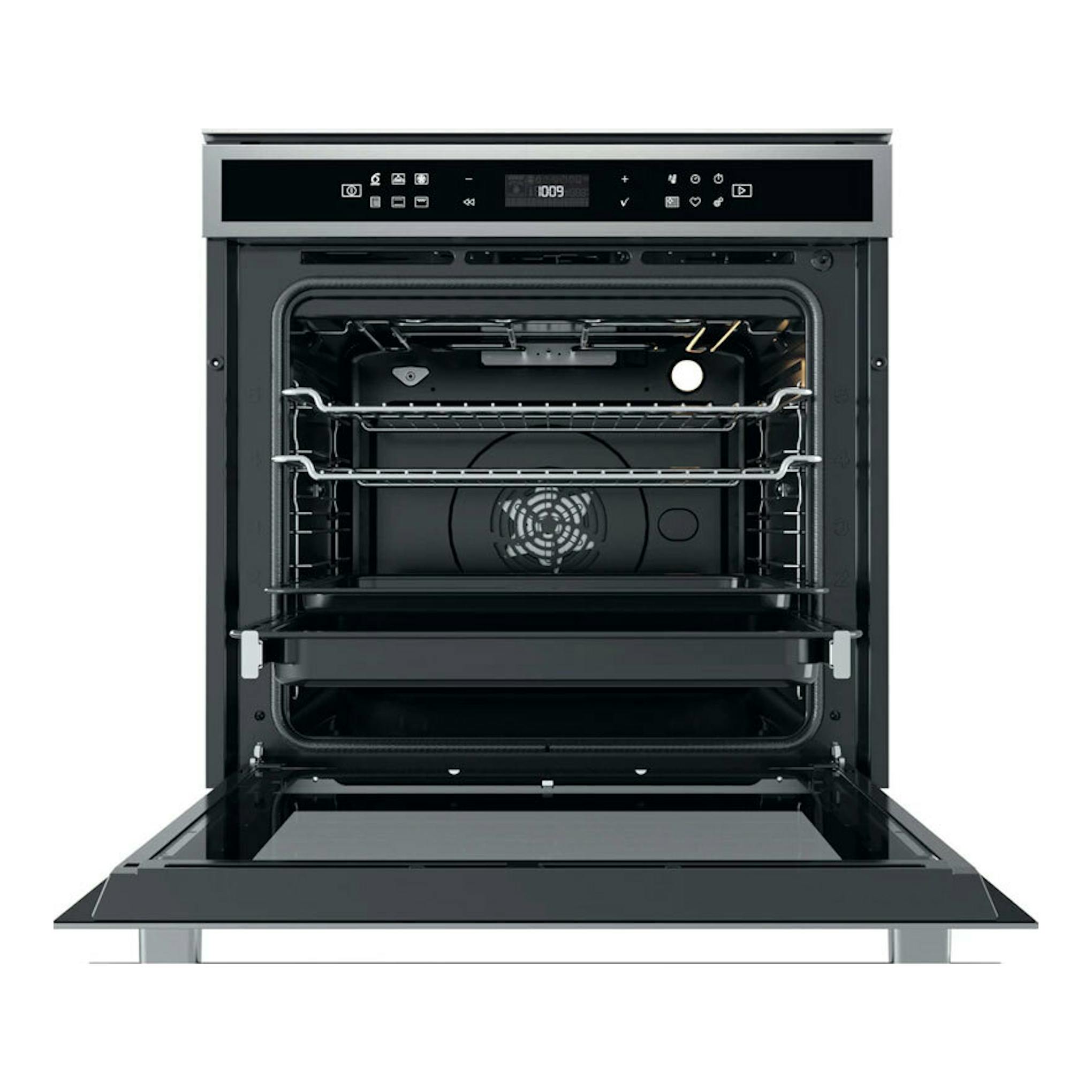 Horno Whirlpool W6OM44PBS1P inox, vista frontal con puerta abierta y cavidad interior negra.