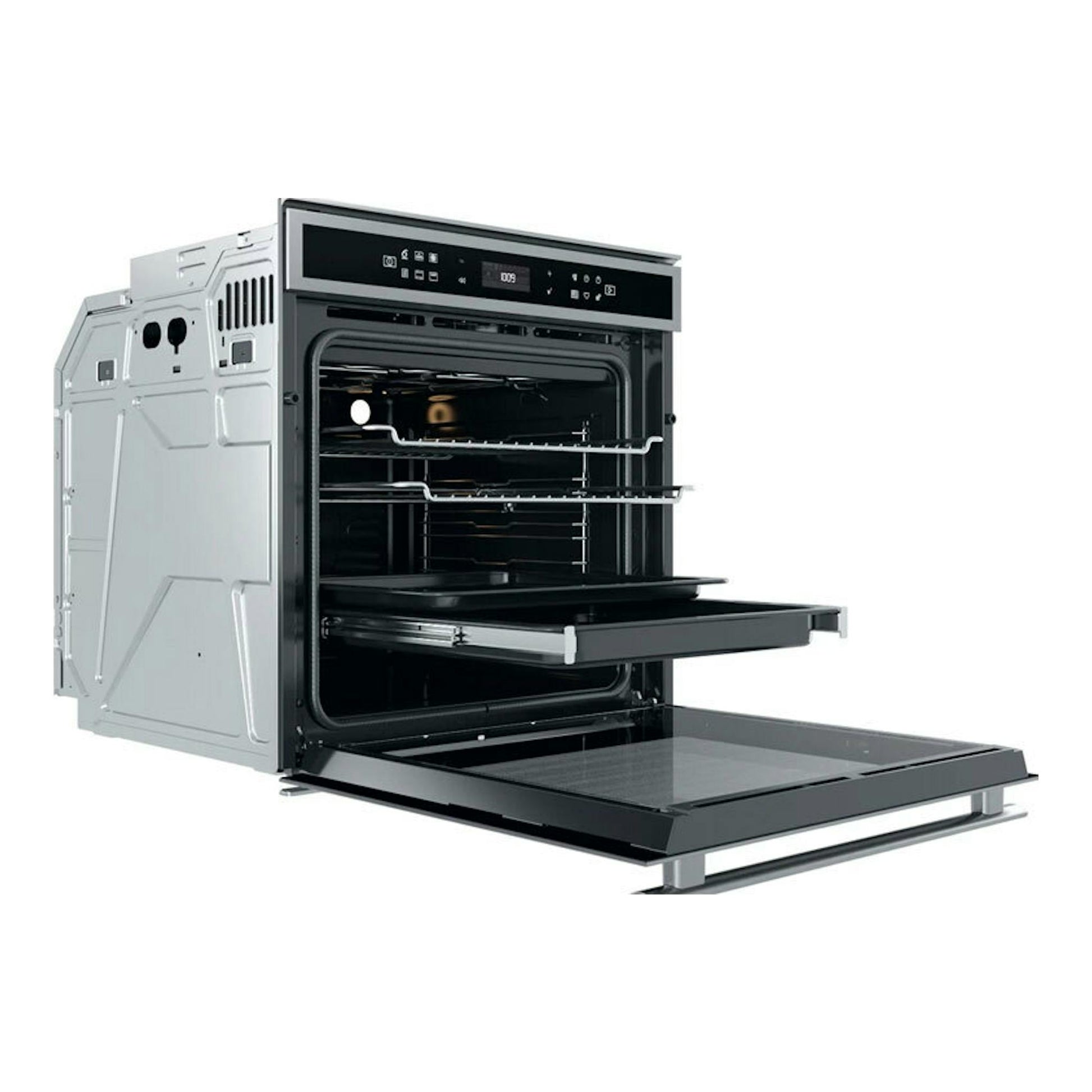 Horno Whirlpool W6OM44PBS1P inox, vista frontal con la puerta abierta y bandejas interiores.