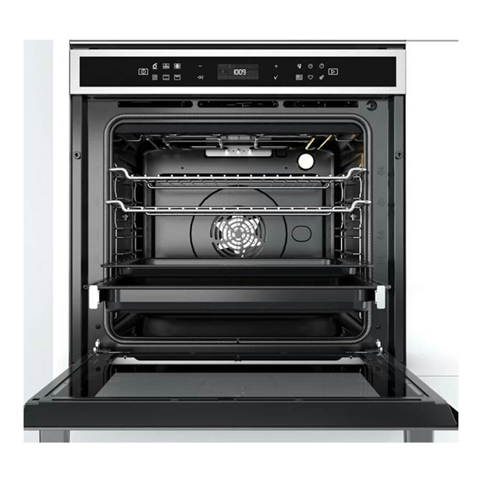 Horno Whirlpool W6OM44PBS1P inox, vista frontal con puerta abatida e interior negro con rejillas.