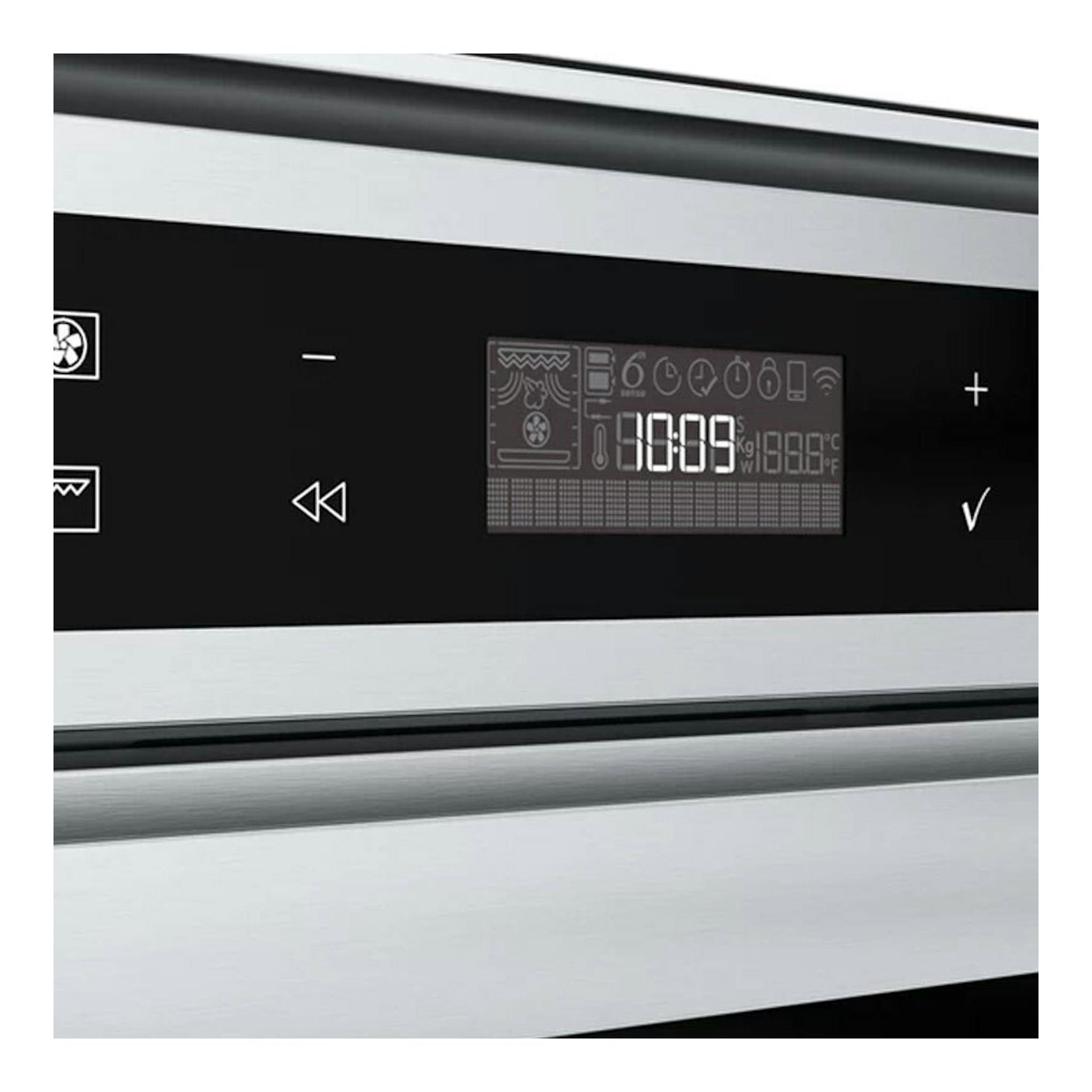 Horno Whirlpool W6OM44PBS1P inox, primer plano frontal del panel digital negro y acero inoxidable.