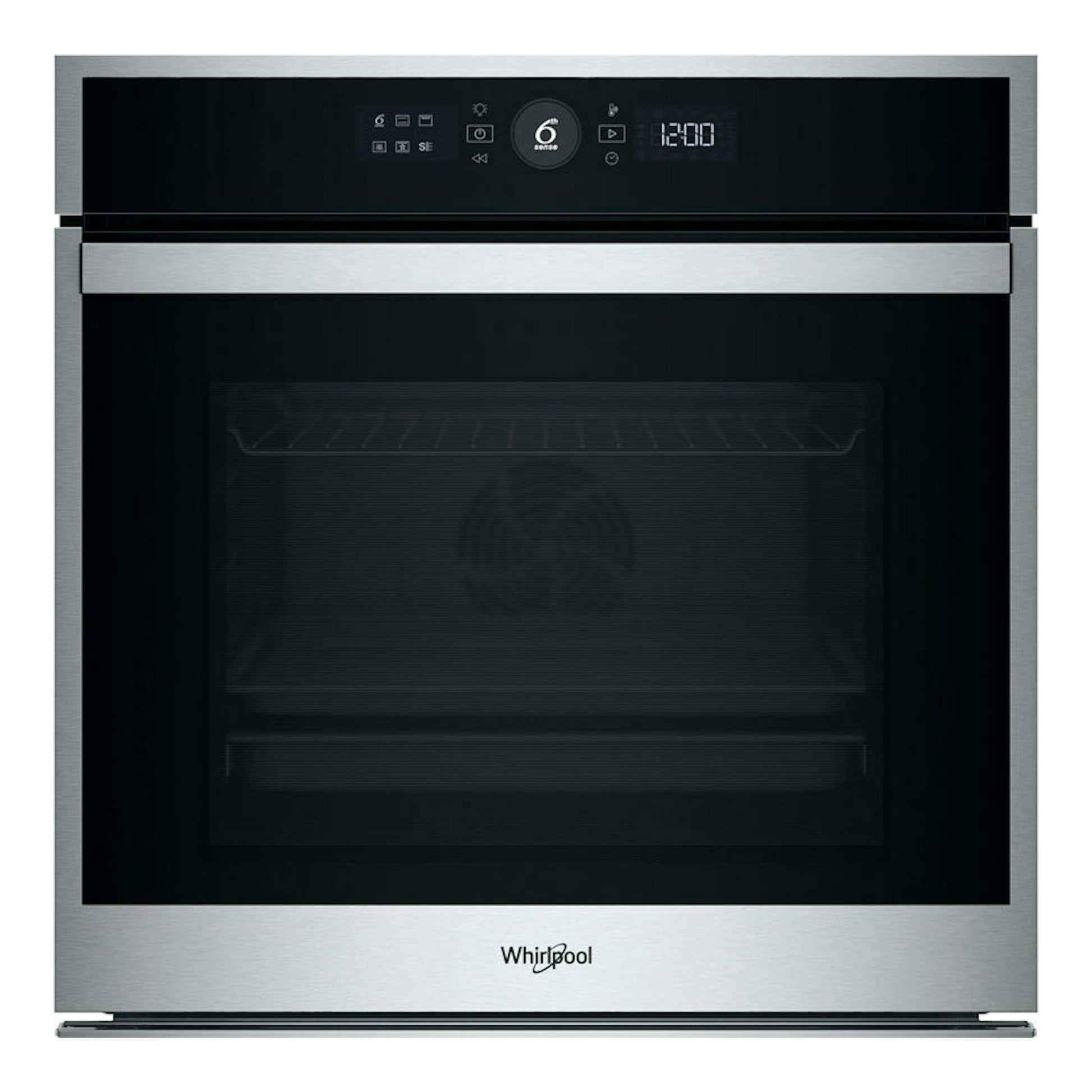 Horno Whirlpool WOI4S8HM1SXA inox, vista frontal, puerta de cristal negro y panel digital superior.