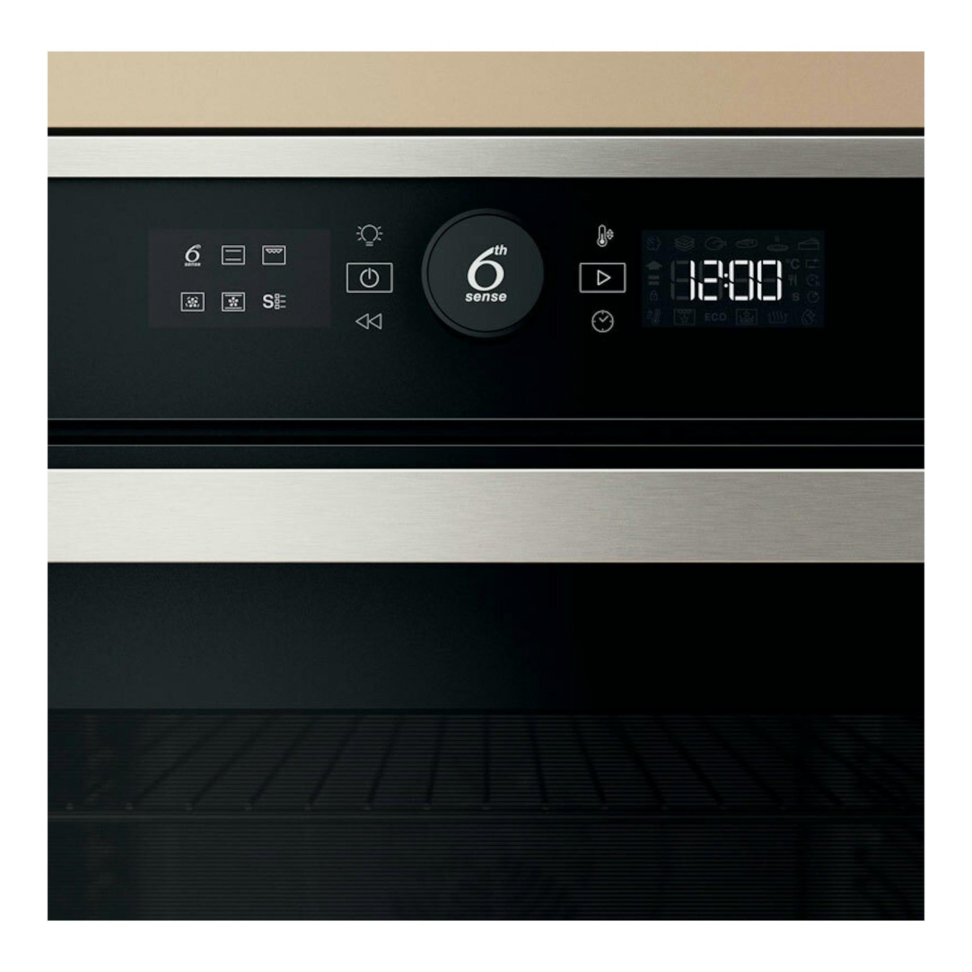 Frontal de horno Whirlpool WOI4S8HM1SXA inox, panel negro táctil con display digital y tiras de acero inoxidable.