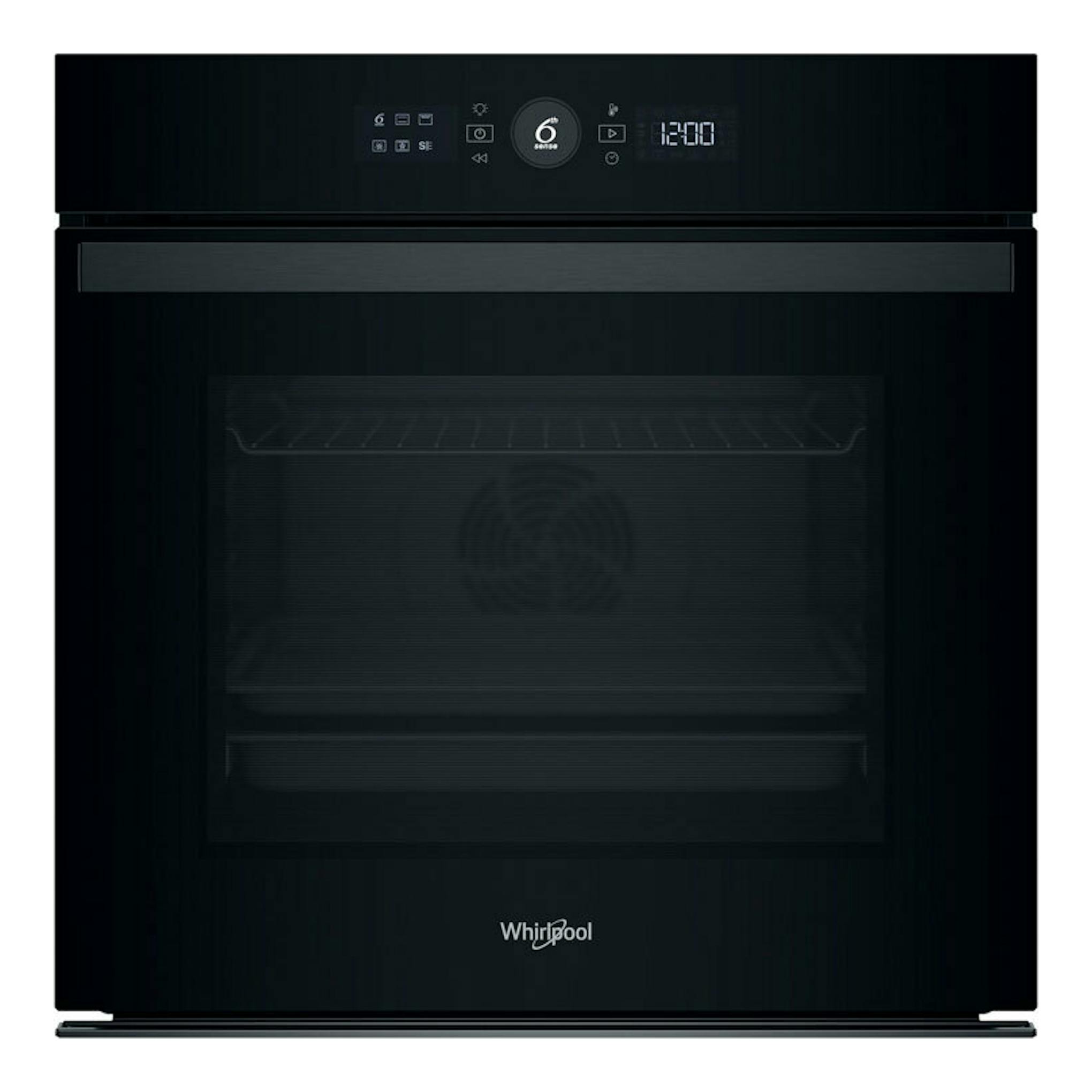 Horno Whirlpool WOI4S8PM1SB negro, vista frontal, con panel digital y puerta de vidrio.
