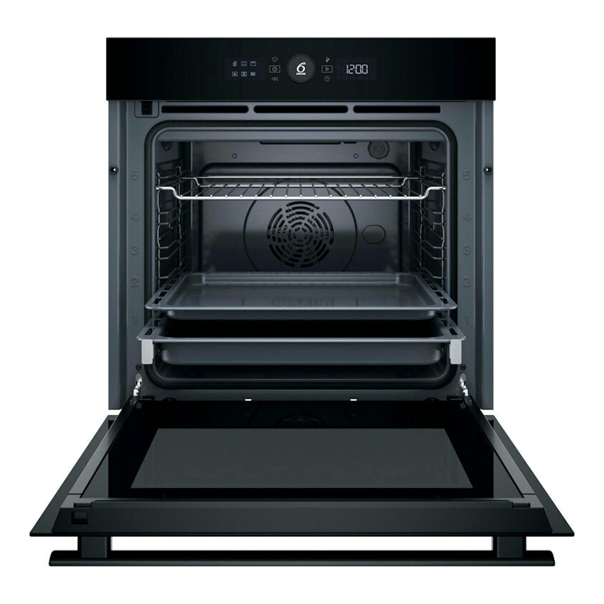 Horno Whirlpool WOI4S8PM1SB negro, vista frontal con puerta abatible abierta e interior con bandejas.