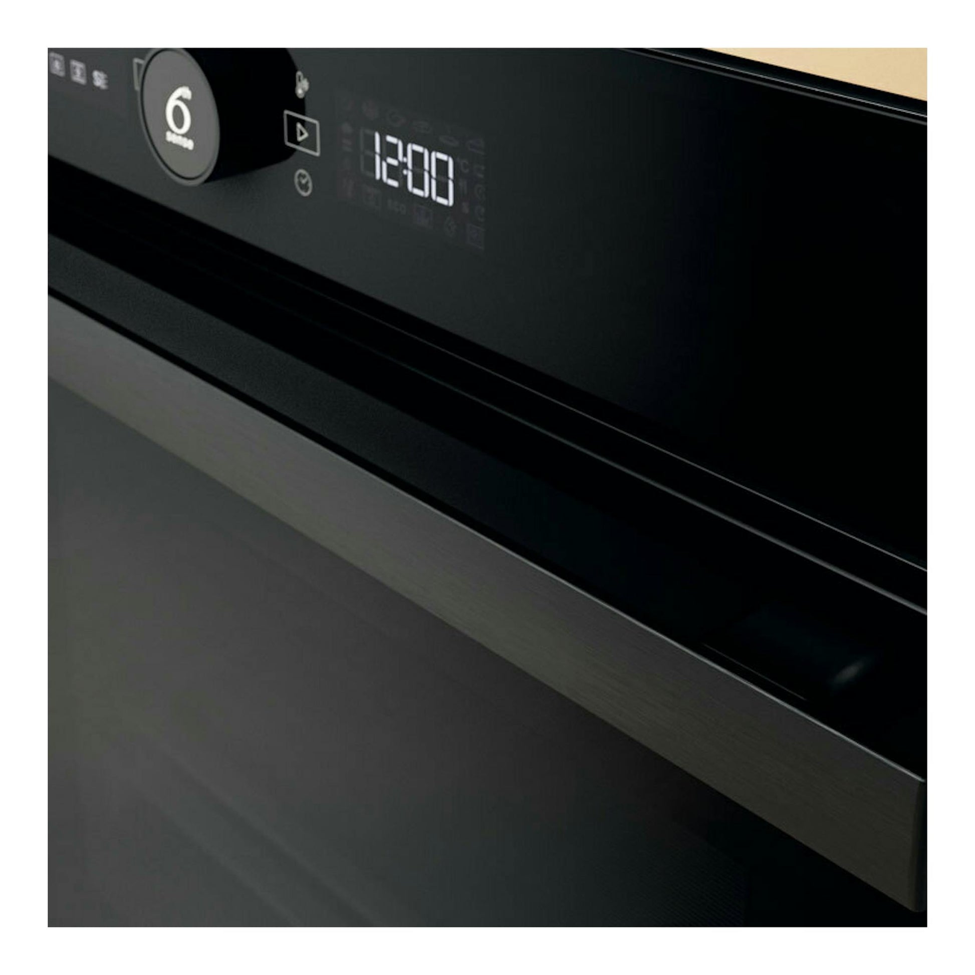 Horno Whirlpool WOI4S8PM1SB negro, vista frontal en ángulo, con panel digital y puerta de vidrio.