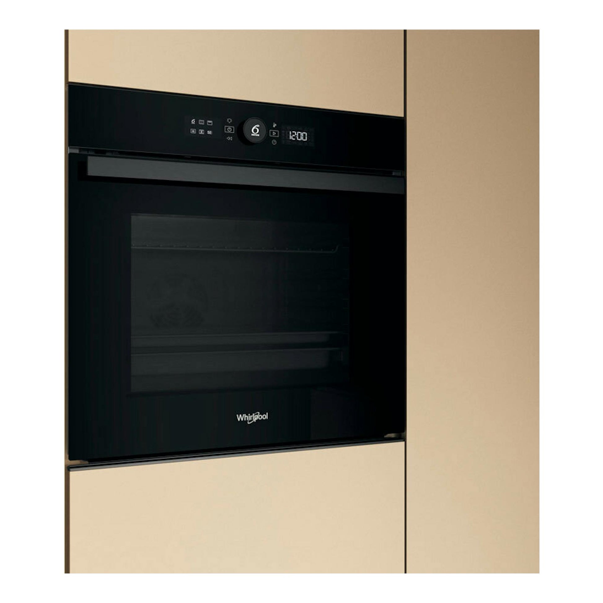 Horno empotrado Whirlpool WOI4S8PM1SB negro, vista frontal, con panel digital y puerta de vidrio.