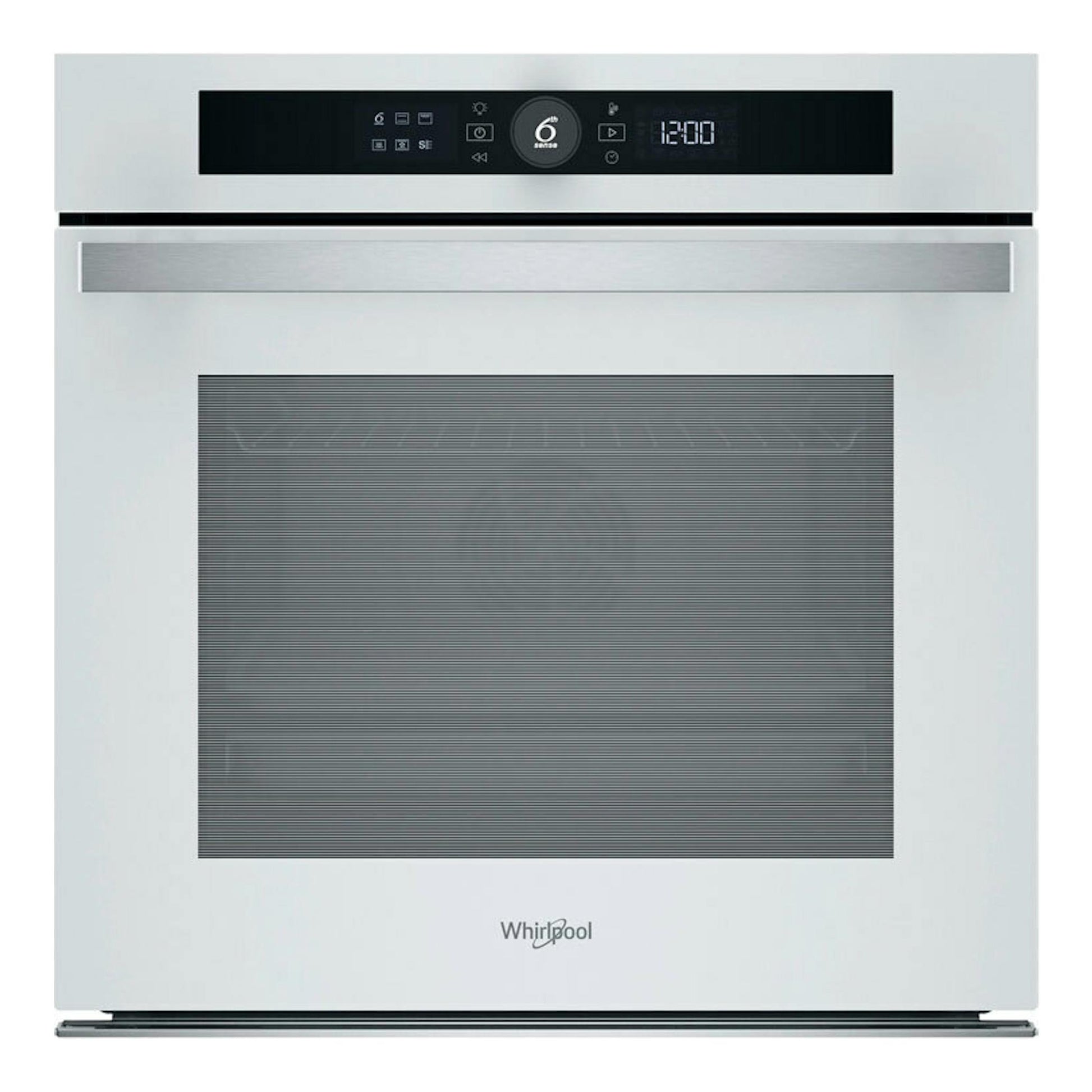 Horno Whirlpool WOI4S8PM1SWA blanco, vista frontal, puerta de vidrio y panel digital negro.