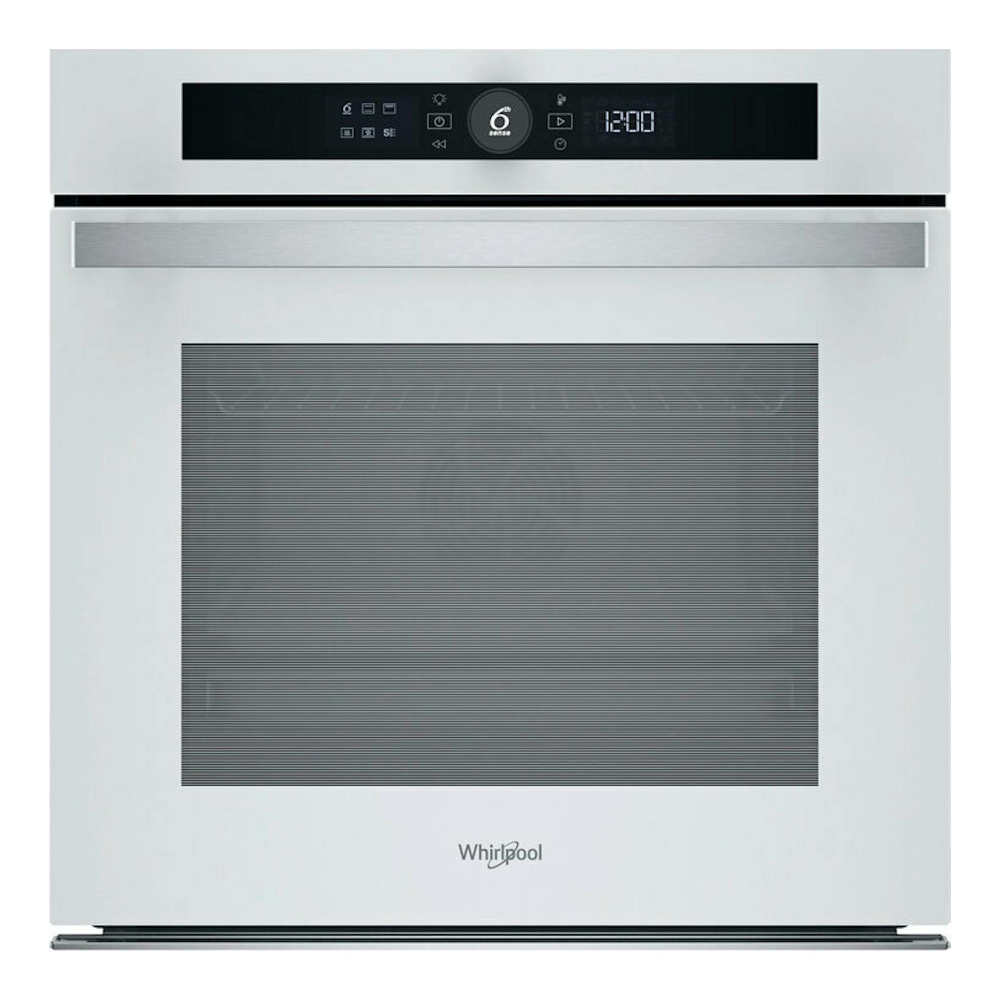 Horno Whirlpool WOI4S8PM1SWA blanco, vista frontal, puerta de vidrio y panel digital negro.