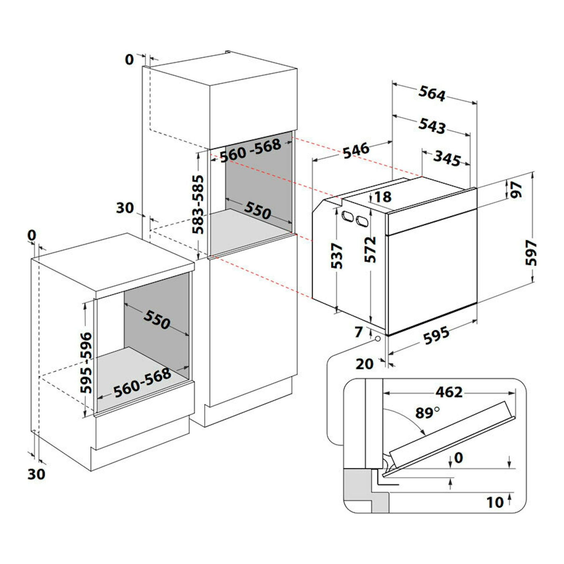Diagrama técnico de instalación de horno Whirlpool WOI4S8PM1SWA blanco, con vistas frontal y lateral y medidas.