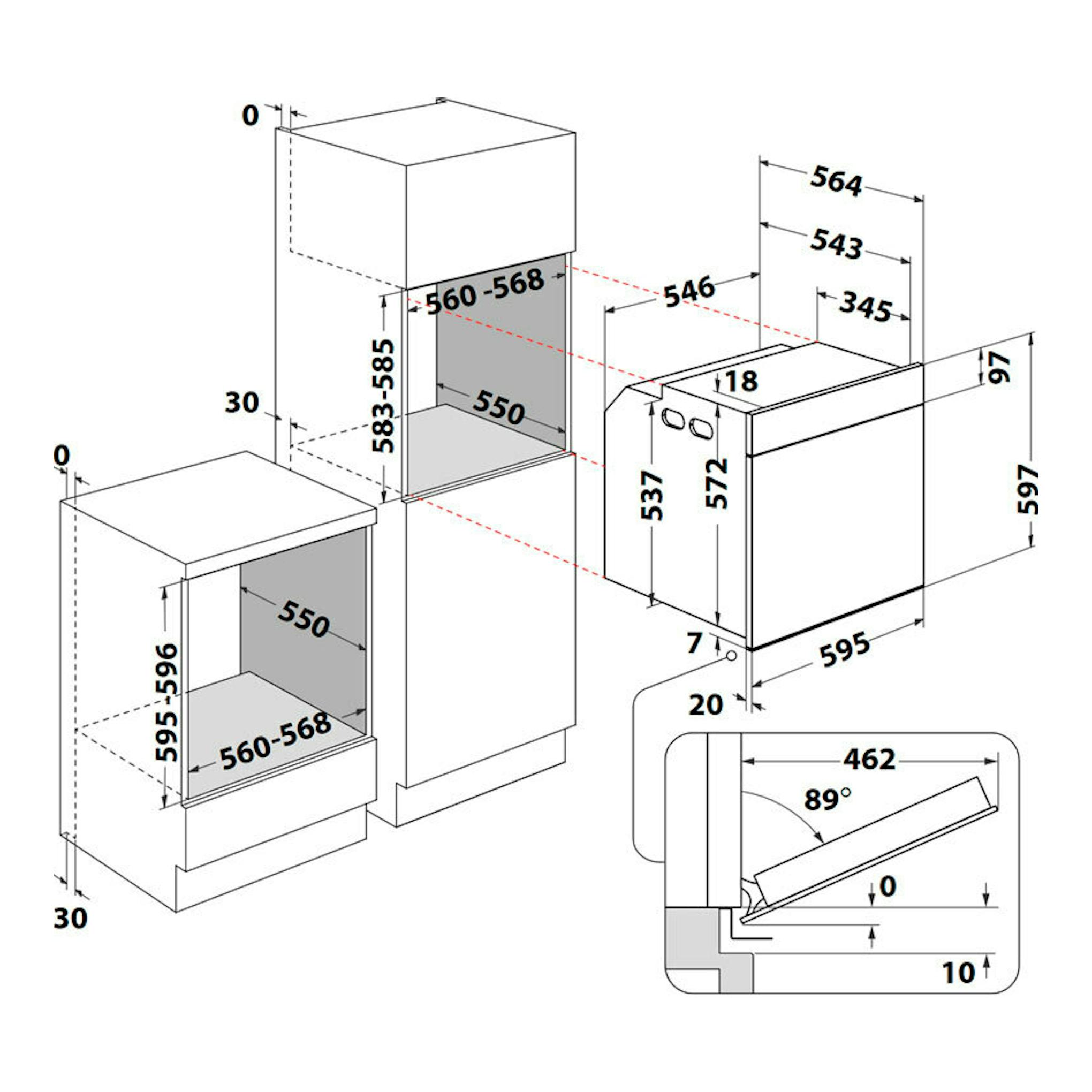 Diagrama técnico de instalación de horno Whirlpool WOI4S8PM1SWA blanco, con vistas frontal y lateral y medidas.