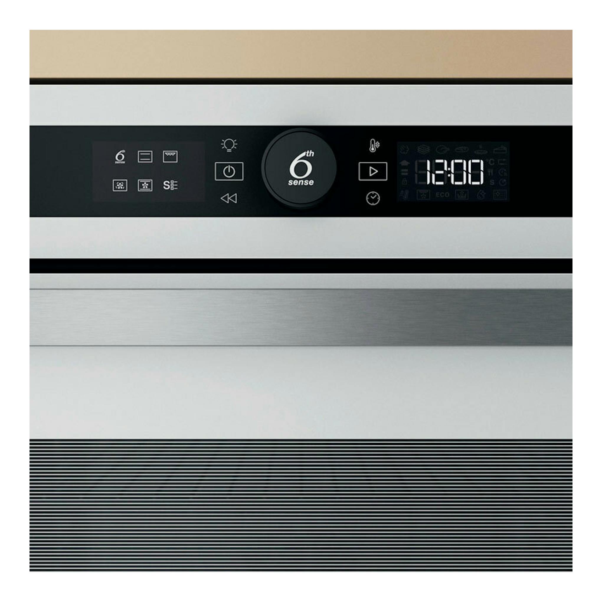 Horno Whirlpool WOI4S8PM1SWA blanco, vista frontal, con panel negro digital y acabado en acero inoxidable.