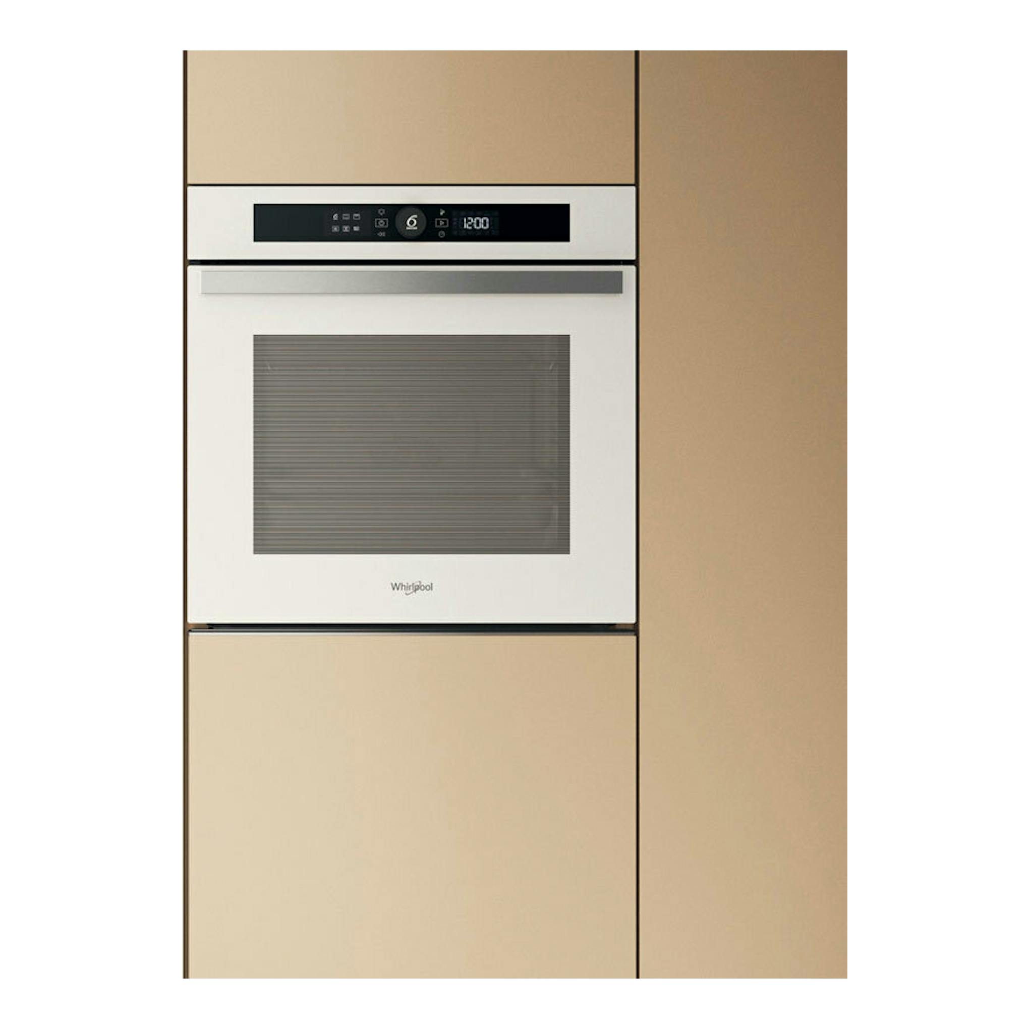 Horno Whirlpool WOI4S8PM1SWA blanco empotrado, vista frontal, con puerta de vidrio y panel digital superior.
