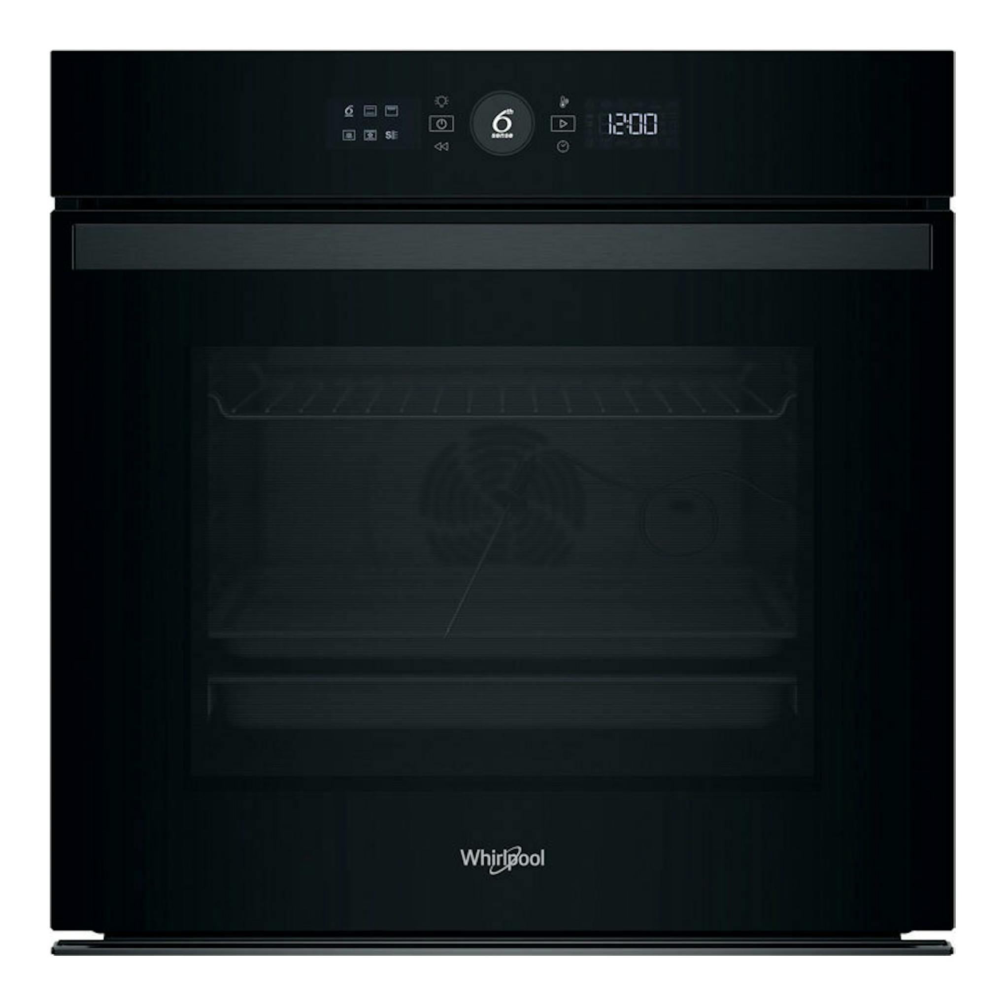 Horno empotrable Whirlpool WOI4S8PPM1SB negro, vista frontal, con panel digital y puerta de vidrio.