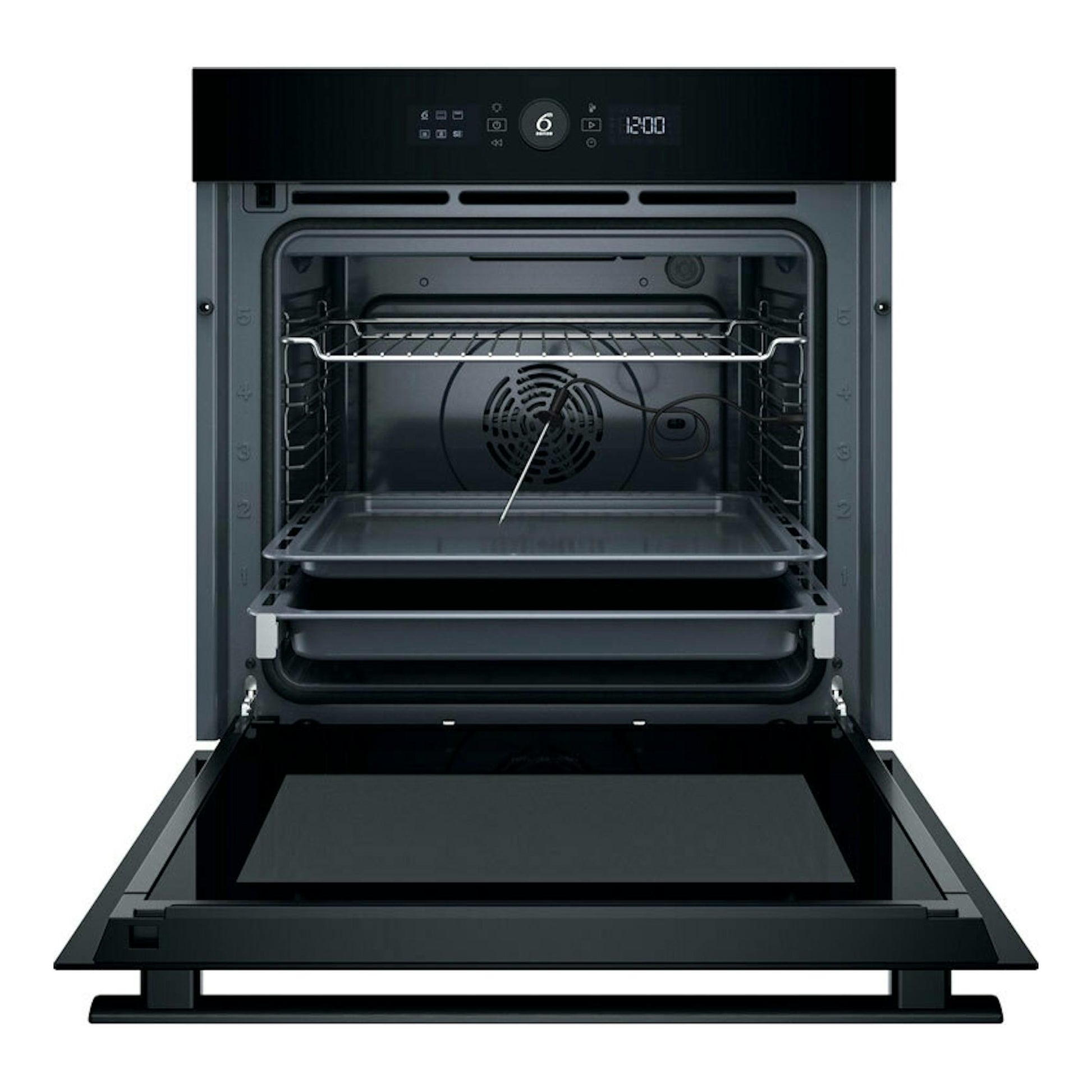 Horno Whirlpool WOI4S8PPM1SB negro, vista frontal con la puerta abatida y el interior abierto.
