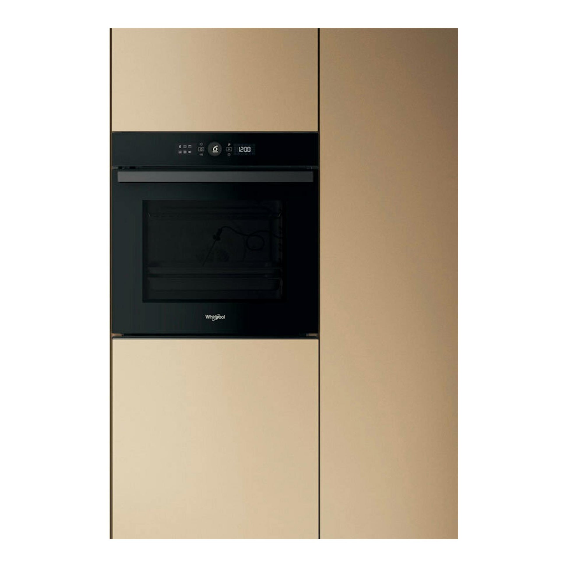 Horno empotrado Whirlpool WOI4S8PPM1SB negro, vista frontal, integrado en muebles beige.