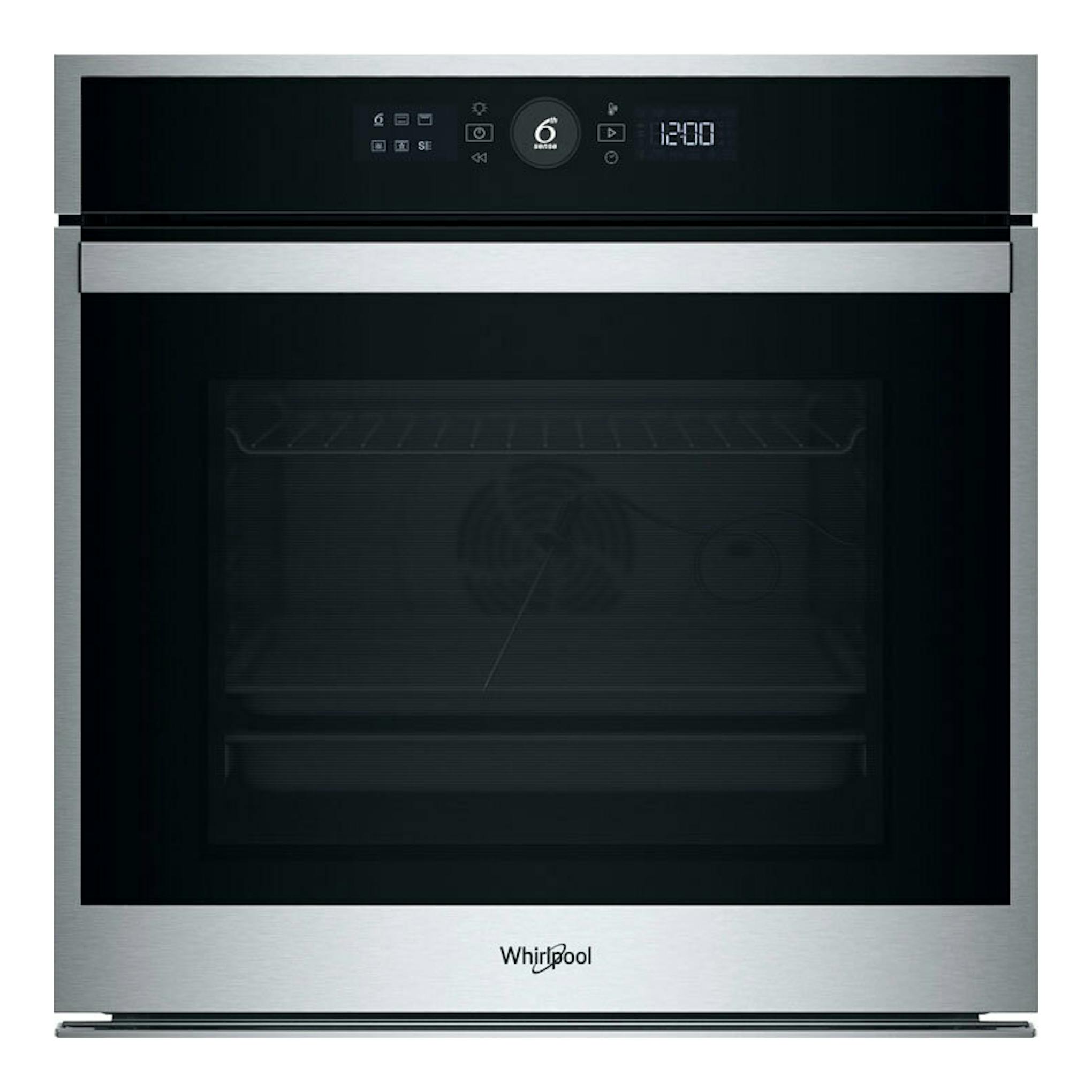 Horno Whirlpool WOI4S8PPM1SX de acero inoxidable, vista frontal, con puerta negra y display digital.