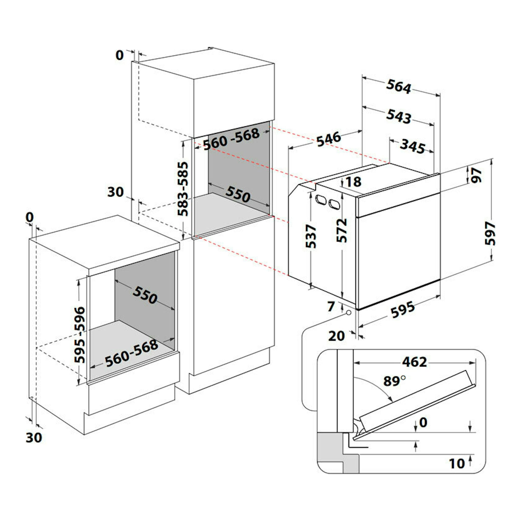 Esquema técnico de instalación del horno Whirlpool WOI4S8PPM1SX inox, con medidas frontal y lateral.
