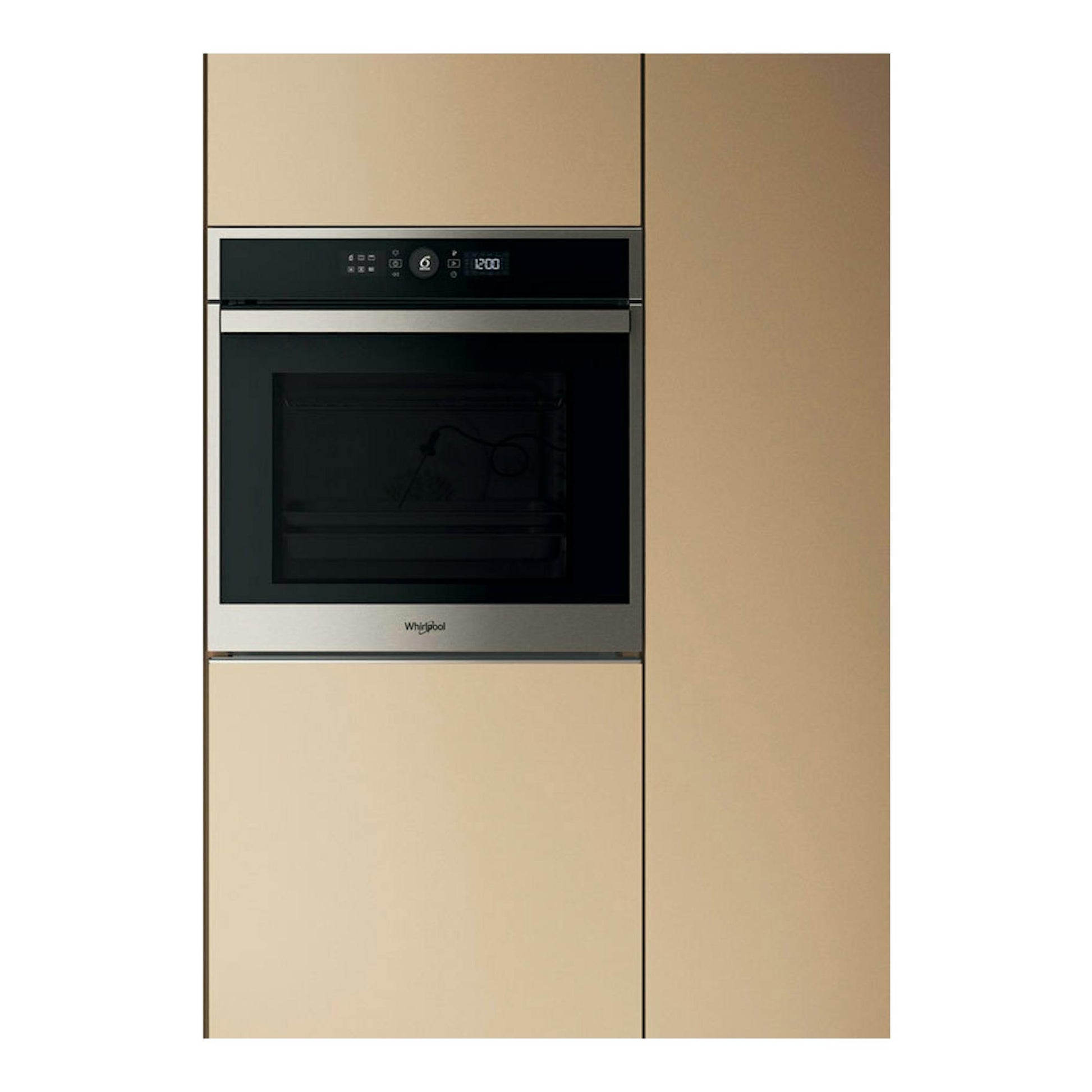 Horno empotrado Whirlpool WOI4S8PPM1SX en inox, vista frontal, integrado en un mueble beige.