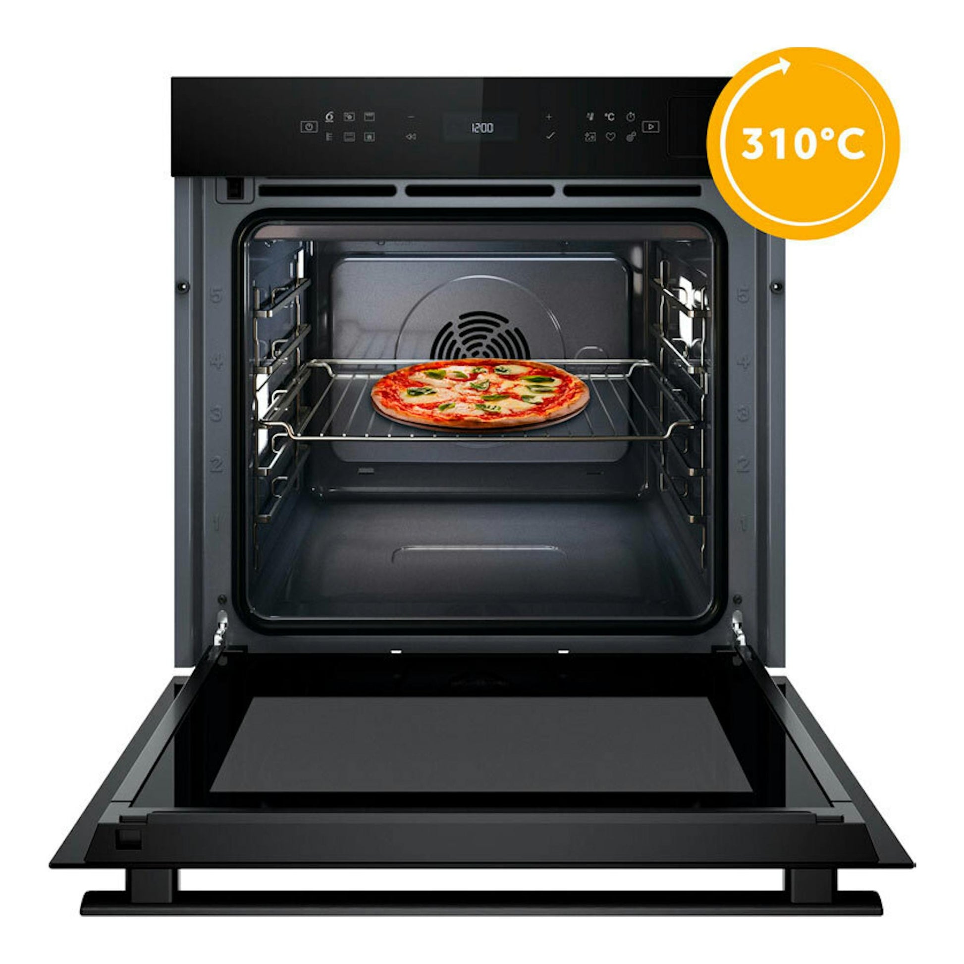 Horno Whirlpool WOI6A8FPT1SBA negro, vista frontal con puerta abierta y pizza en el interior.