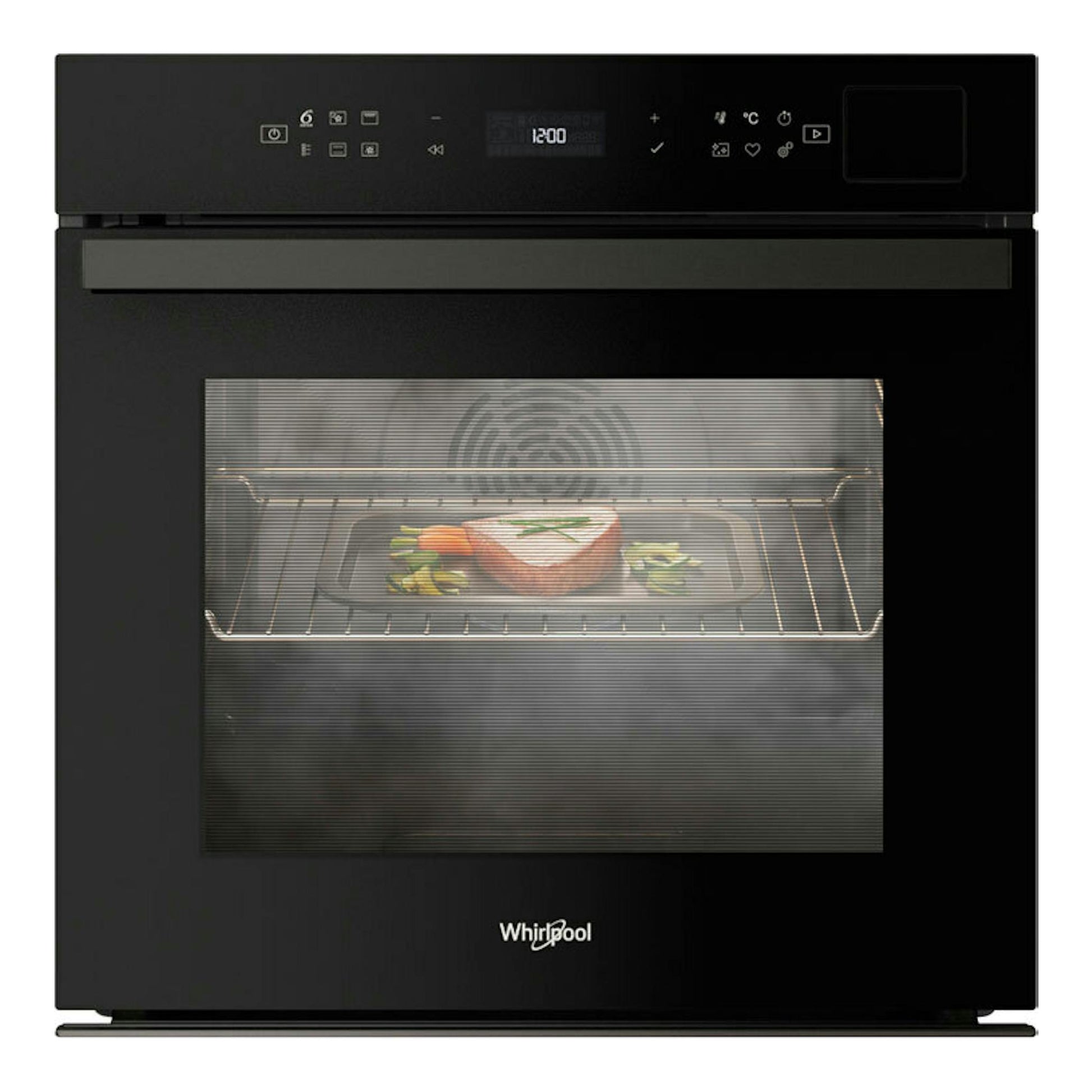 Horno Whirlpool WOI6A8FPT1SBA negro, vista frontal, con panel digital y comida visible tras la puerta de cristal.