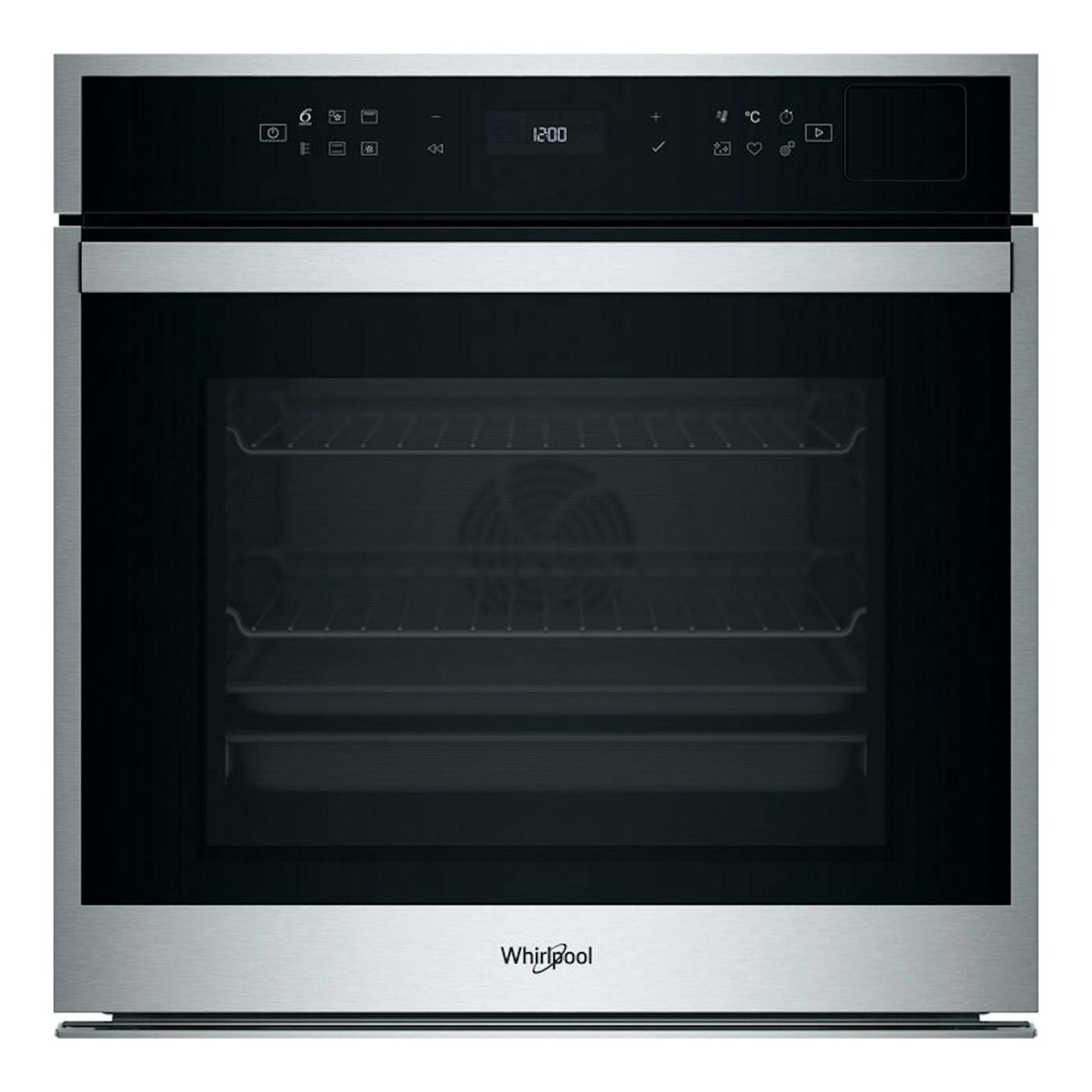 Horno Whirlpool WOI6A8PT1SXA en acero inox y negro, vista frontal, con panel digital superior.