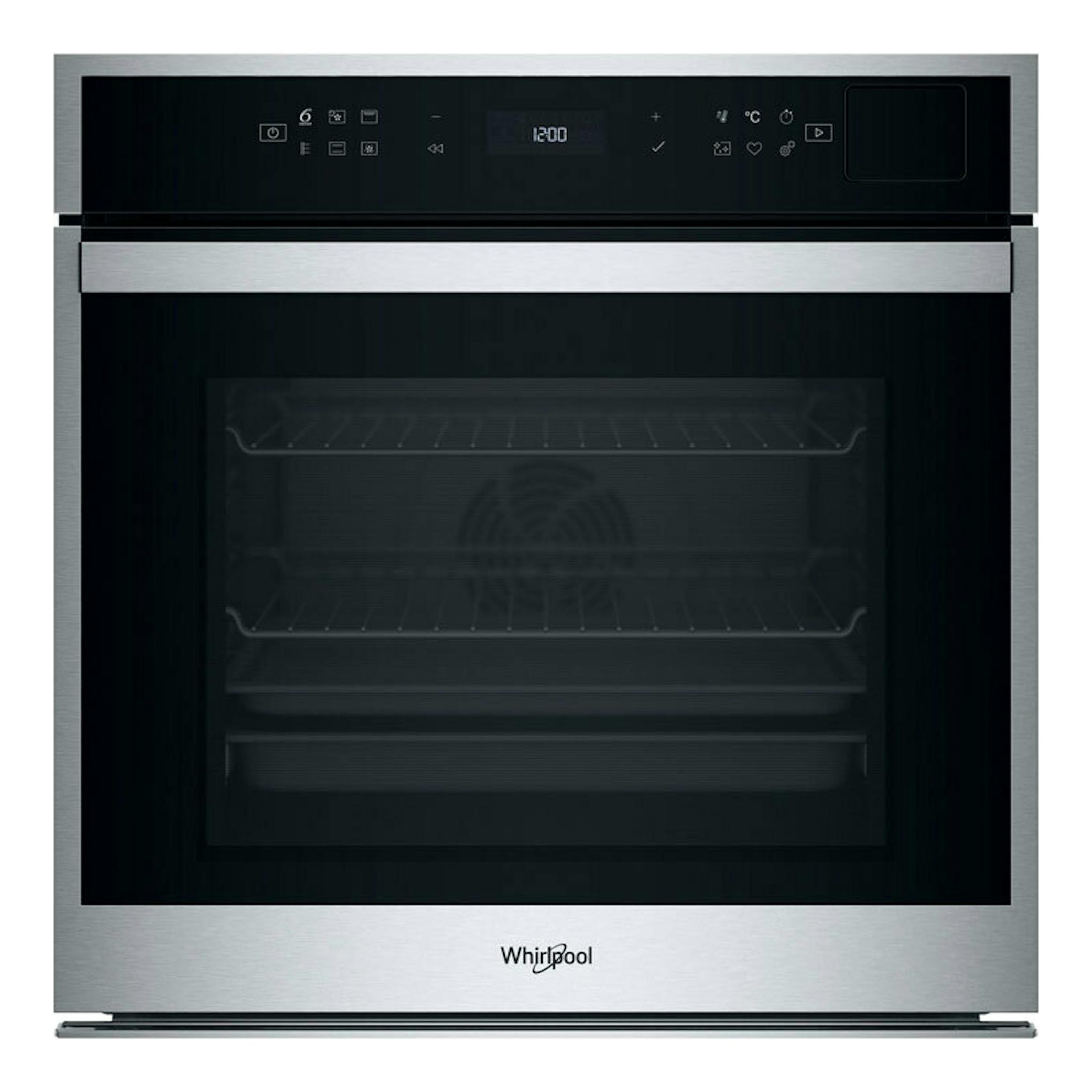Horno Whirlpool WOI6A8PT1SXA en acero inox y negro, vista frontal, con panel digital superior.