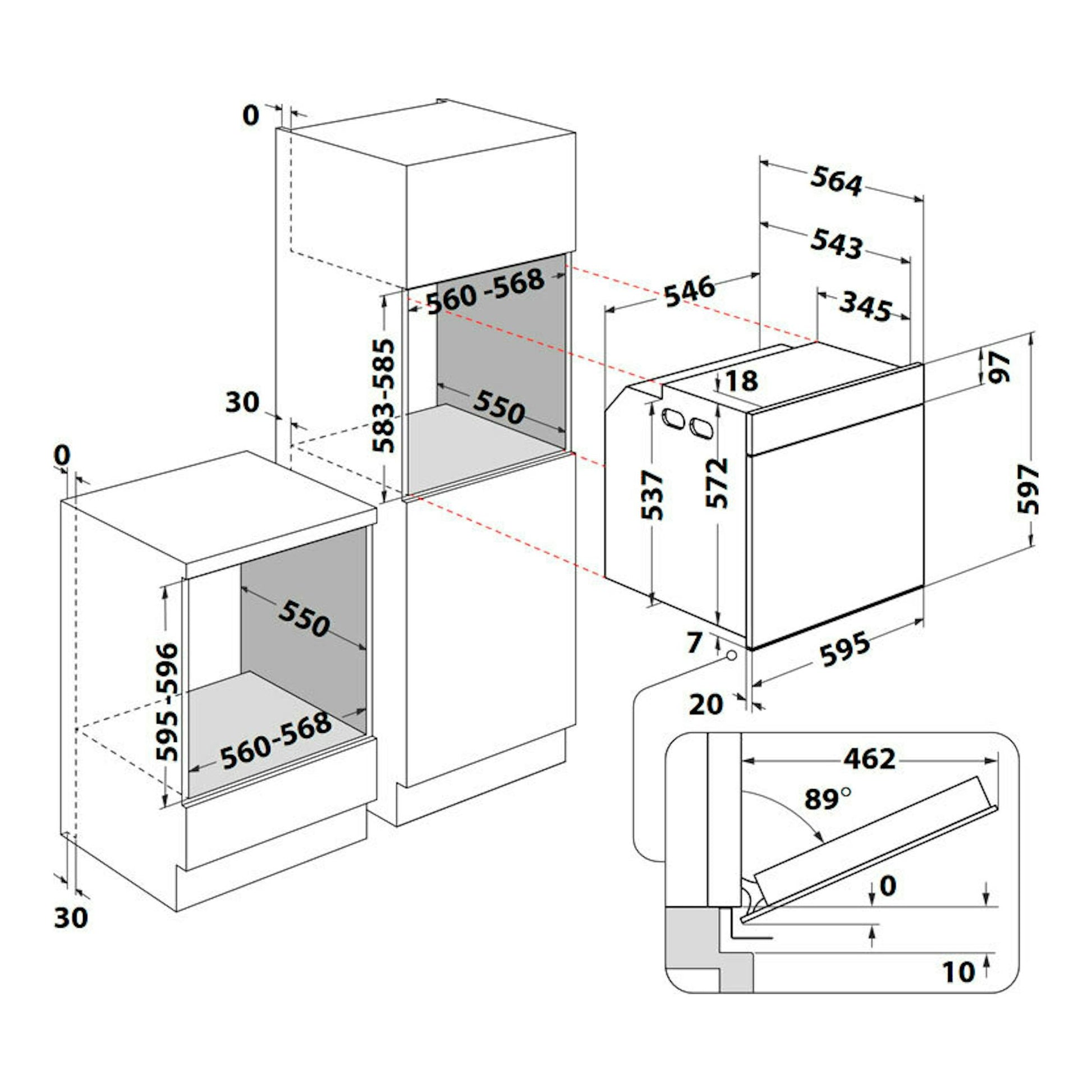 Diagrama de instalación de horno Whirlpool WOI6A8PT1SXA inox, vista técnica con medidas y esquema de apertura.