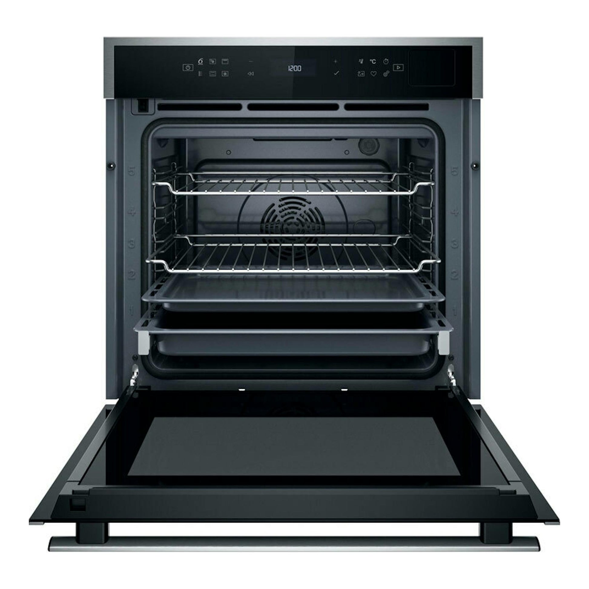 Horno Whirlpool WOI6A8PT1SXA inox, vista frontal con puerta abierta y bandejas interiores.