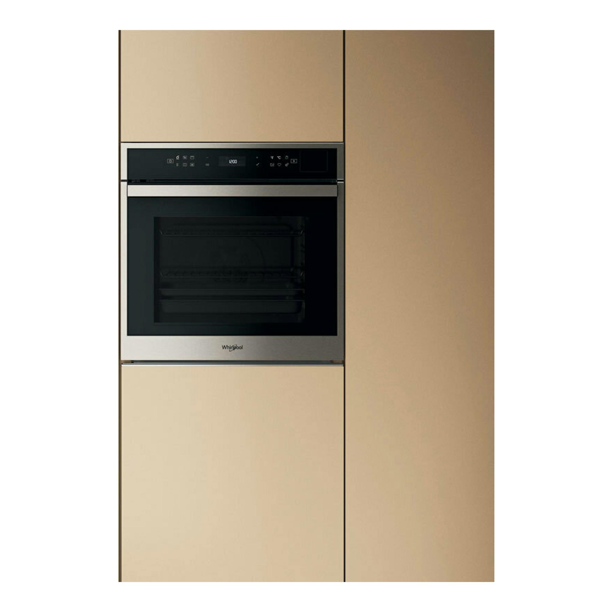 Horno empotrado Whirlpool WOI6A8PT1SXA en inox, vista frontal, con puerta de vidrio negro en muebles beige.