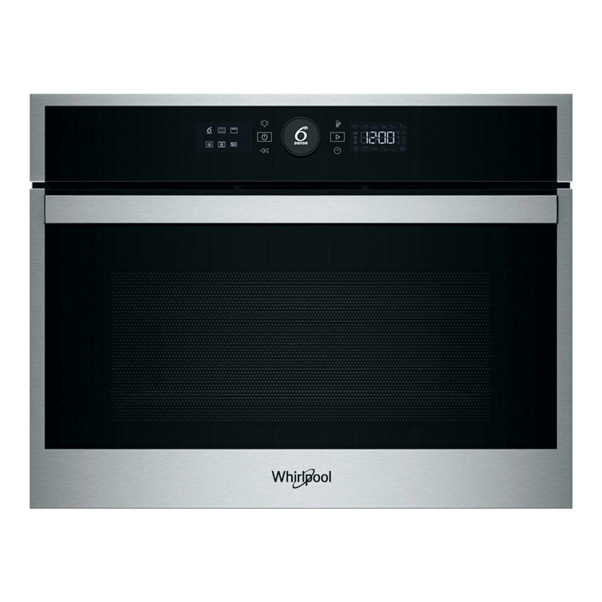 Horno empotrable Whirlpool WCC48HMSXA en acero inoxidable, vista frontal, con panel digital negro.
