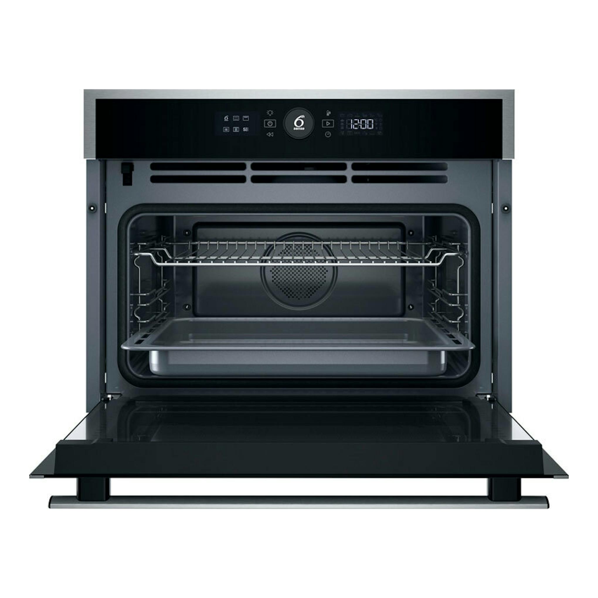 Horno Whirlpool WCC48HMSXA inox, vista frontal con puerta abierta y panel de control negro.