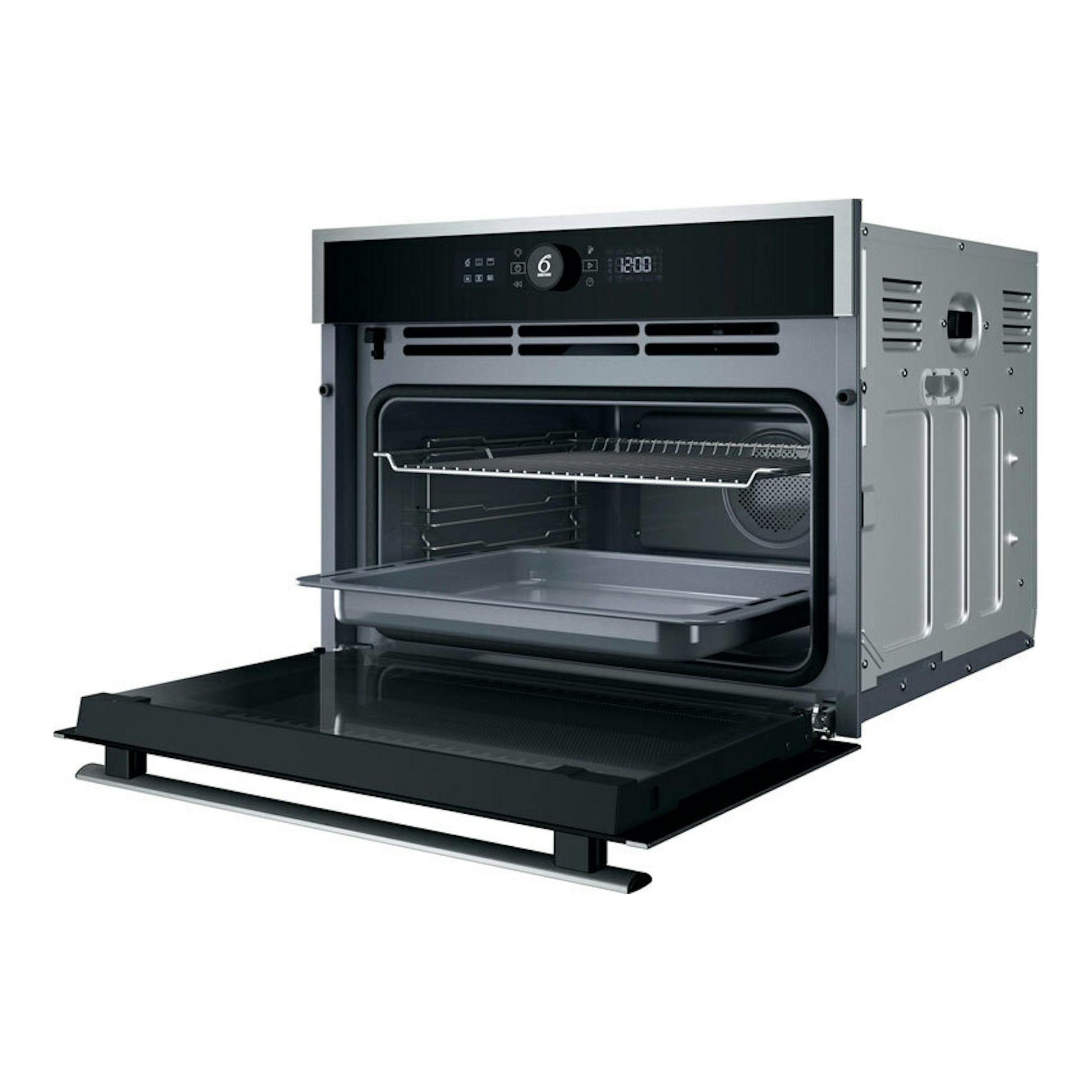 Horno Whirlpool WCC48HMSXA inox, vista frontal en ángulo, puerta abatible abierta, interior negro.