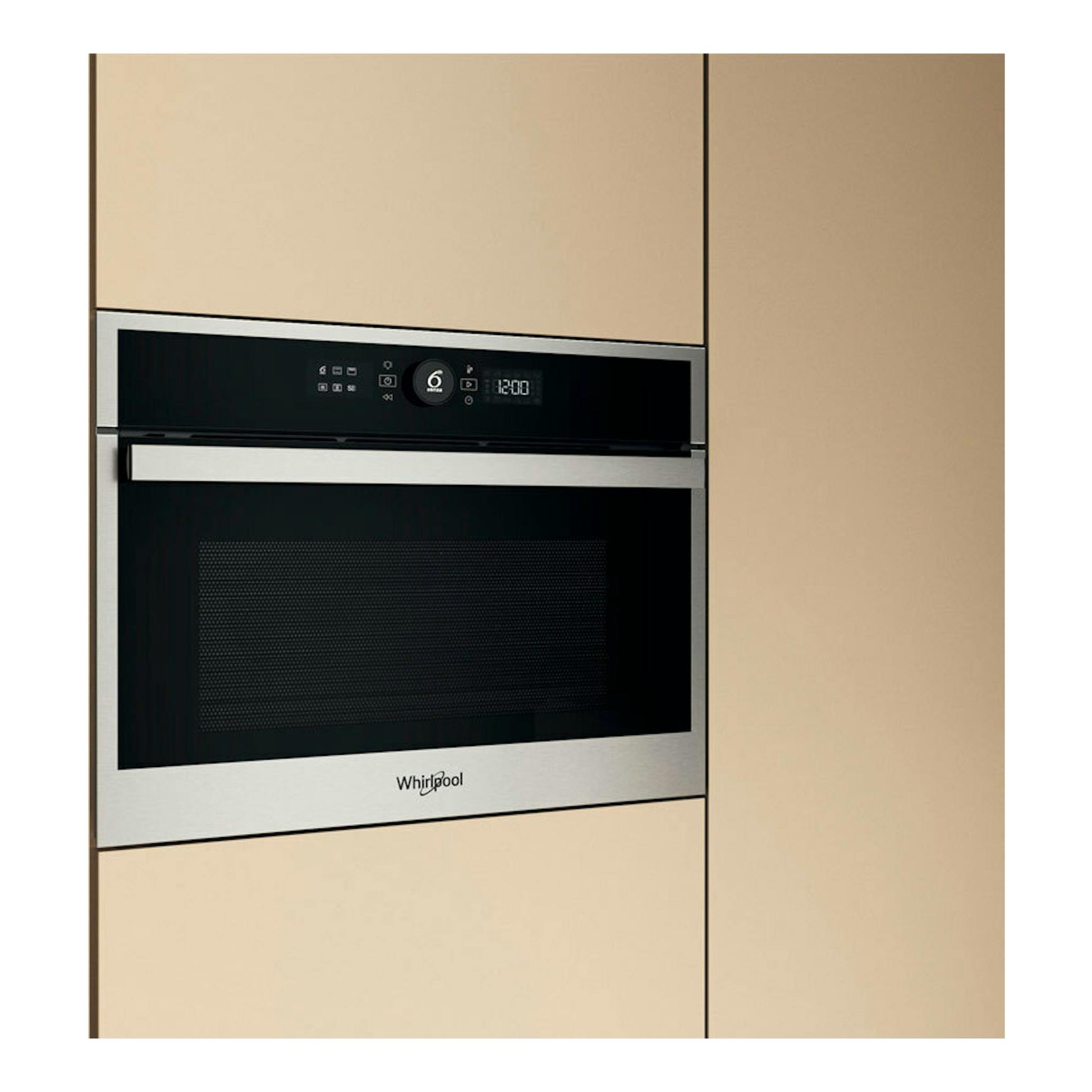 Horno empotrable Whirlpool WCC48HMSXA en acero inoxidable y negro, vista frontal, con panel digital.