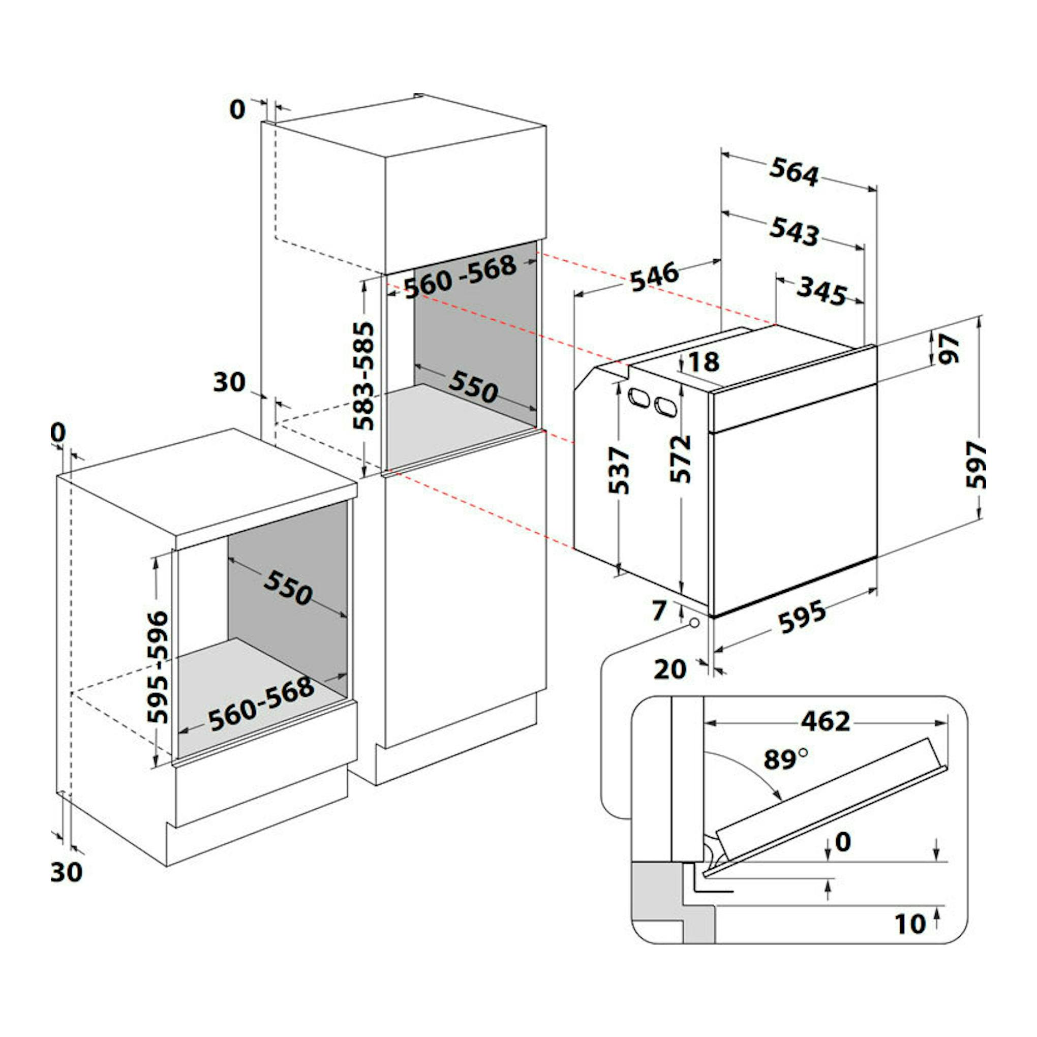 Diagrama técnico de instalación de horno empotrable Whirlpool WOI4S8PM1XA inox, vista en perspectiva con medidas.