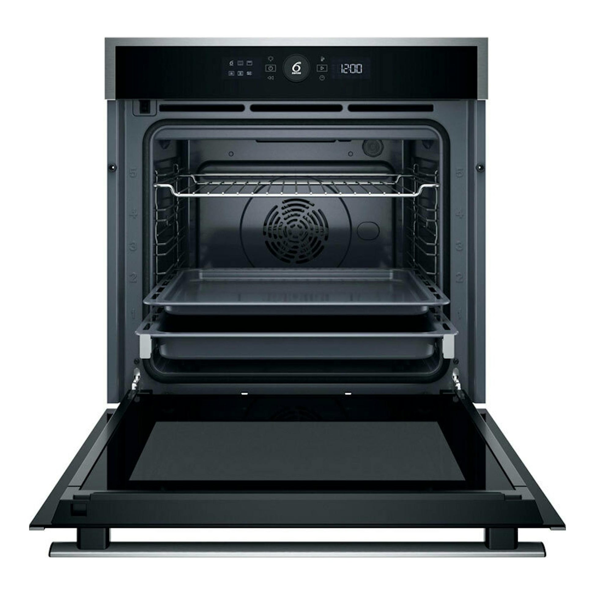 Horno Whirlpool WOI4S8PM1XA inox, vista frontal con puerta abatible abierta y cavidad interior negra.