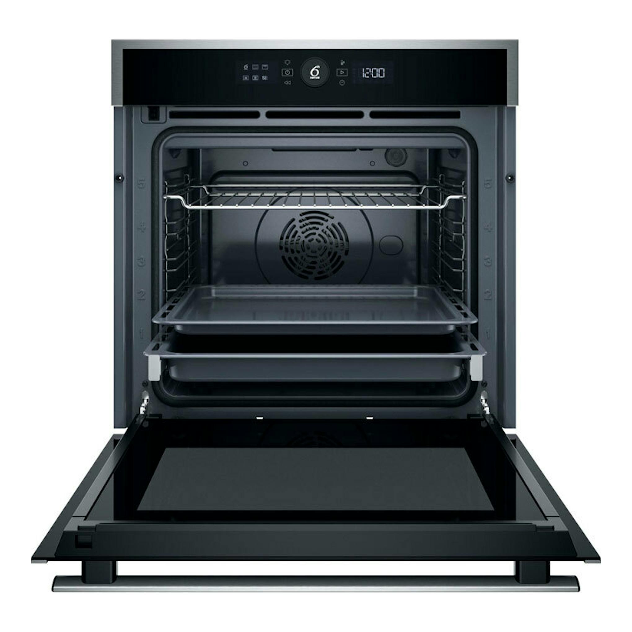 Horno Whirlpool WOI4S8PM1XA inox, vista frontal con puerta abatible abierta y cavidad interior negra.