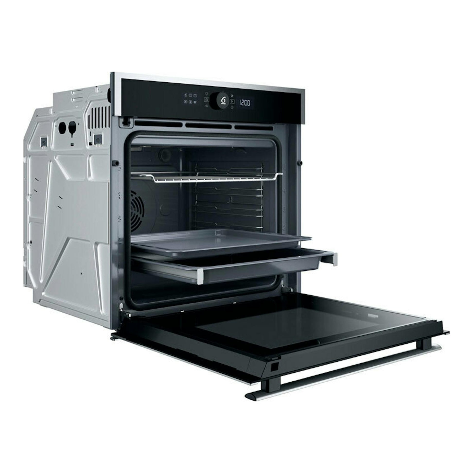 Horno empotrable Whirlpool WOI4S8PM1XA en acero inox, vista frontal en ángulo con puerta abatible abierta.