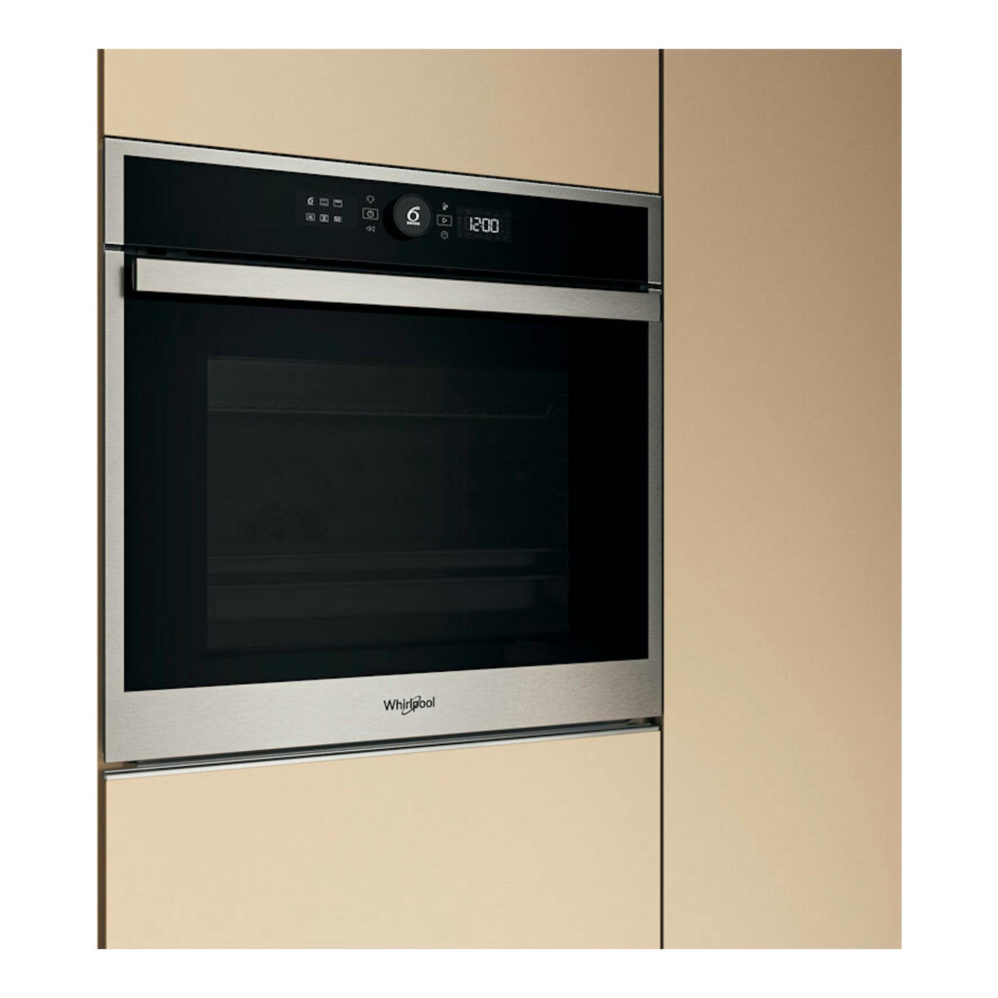 Horno empotrable Whirlpool WOI4S8PM1XA inox, vista frontal, puerta de vidrio negro y marco de acero inoxidable.