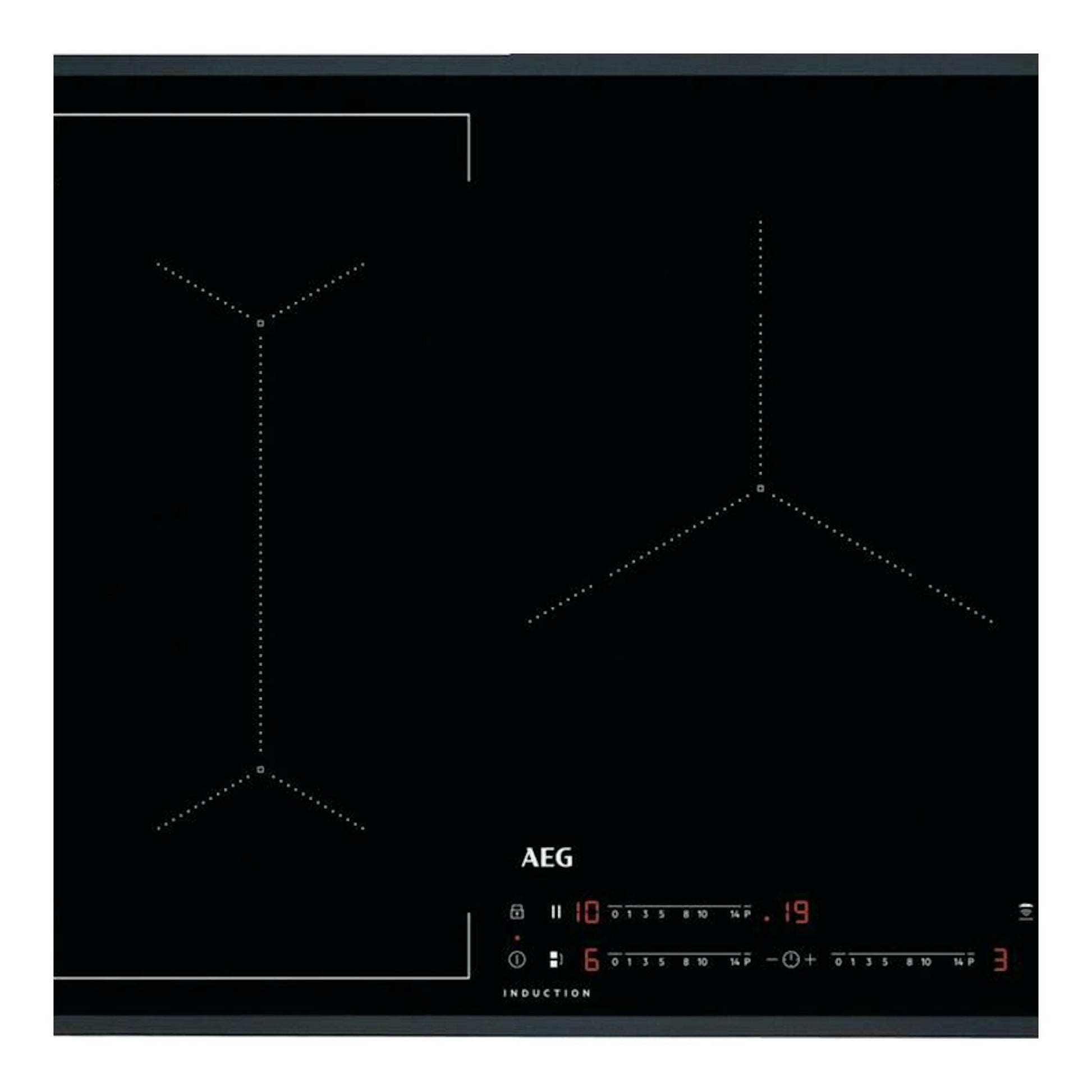 Placa de inducción AEG ILB63445FB negra, vista superior, con zonas de cocción punteadas y panel táctil.