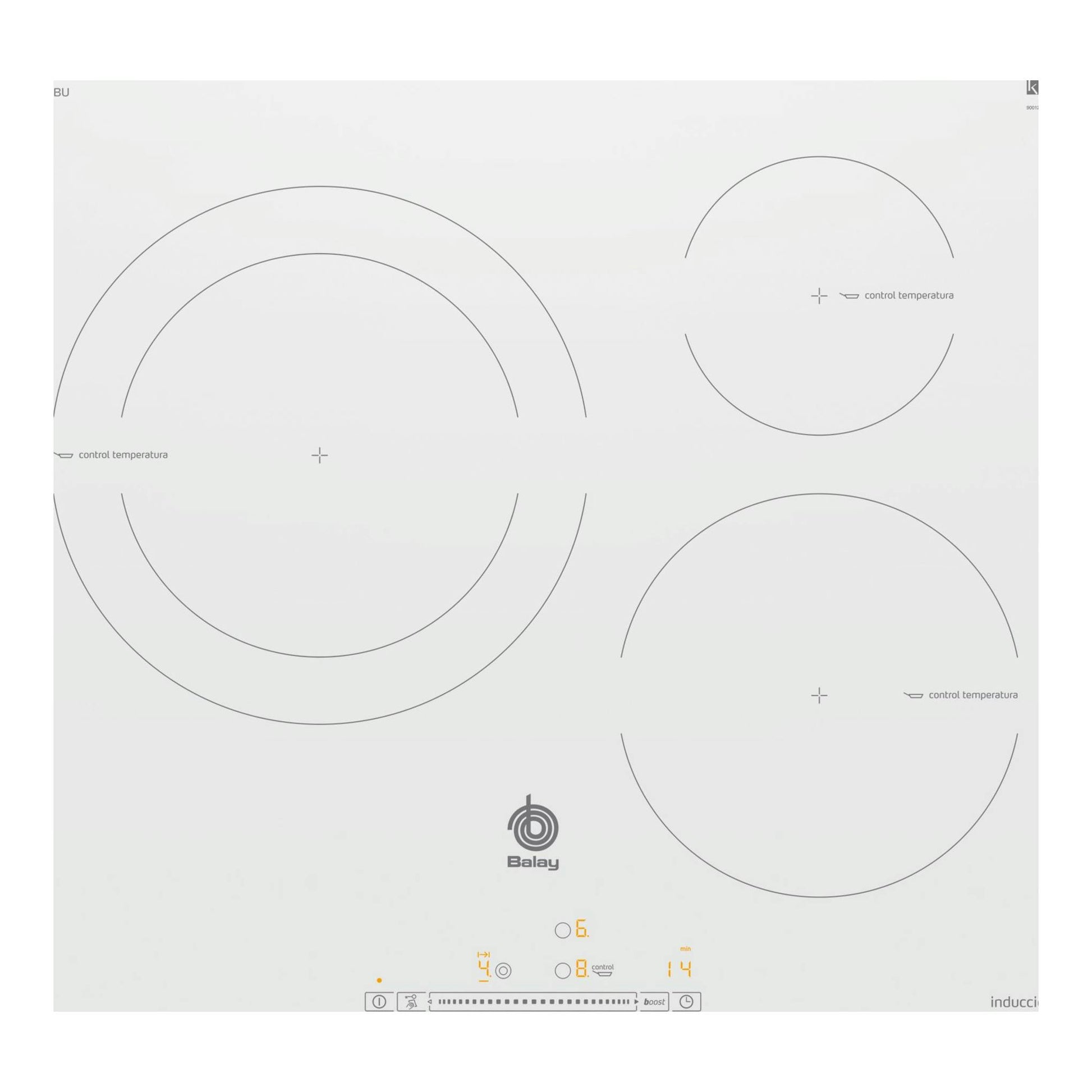 Placa de inducción Balay 3EB965BU blanca, vista superior, con cuatro zonas y controles táctiles.