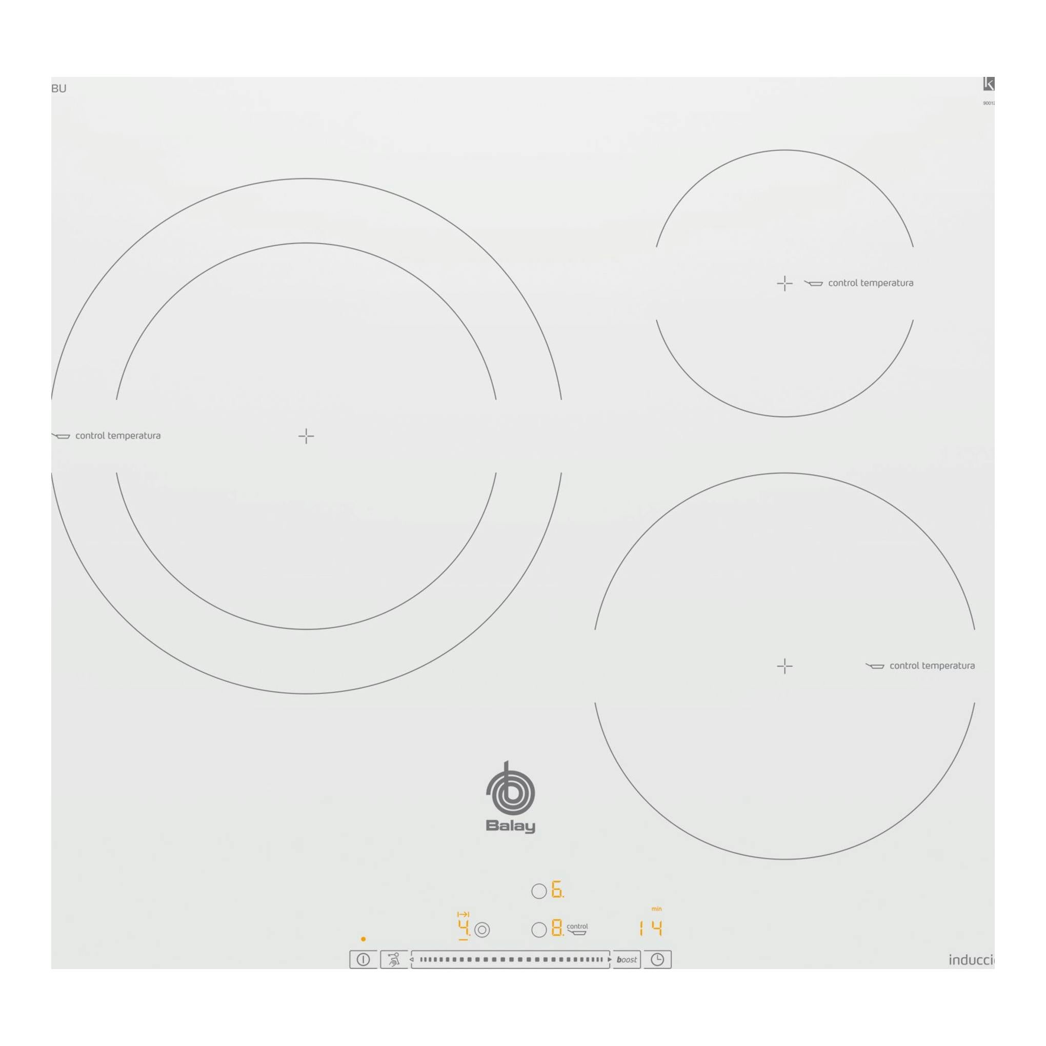 Placa de inducción Balay 3EB965BU blanca, vista superior, con cuatro zonas y controles táctiles.