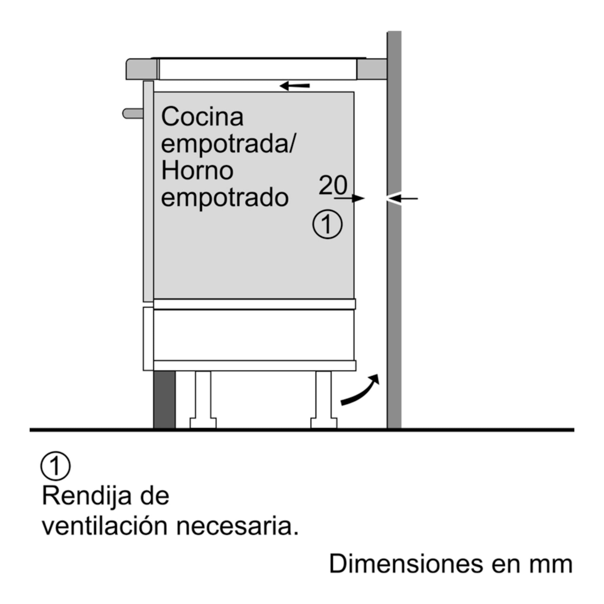 Esquema lateral de instalación de placa Balay 3EB965BU junto a horno empotrado, con rendija de ventilación.