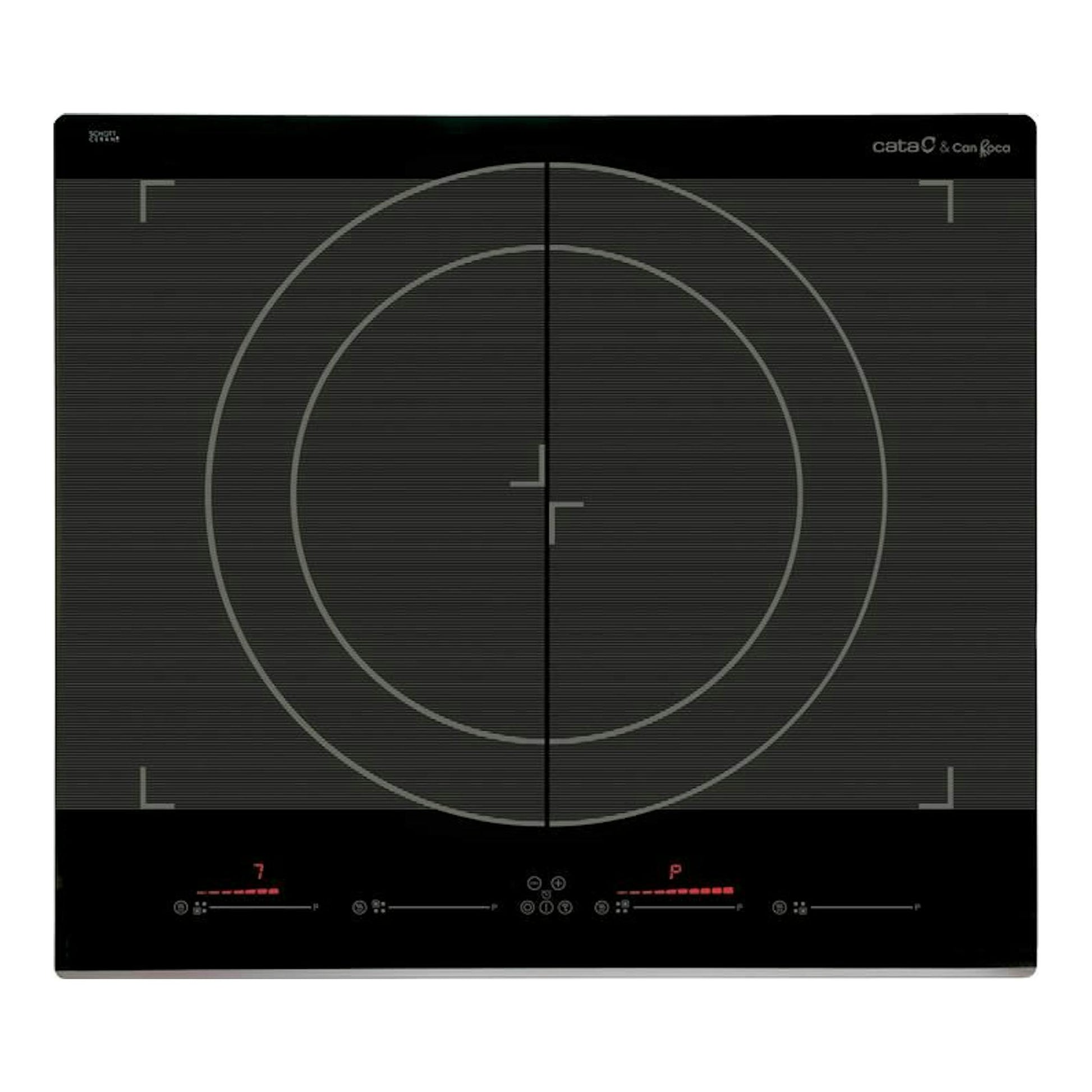 Placa de inducción Cata Giga600BK negra, vista frontal, con dos zonas circulares y controles táctiles.