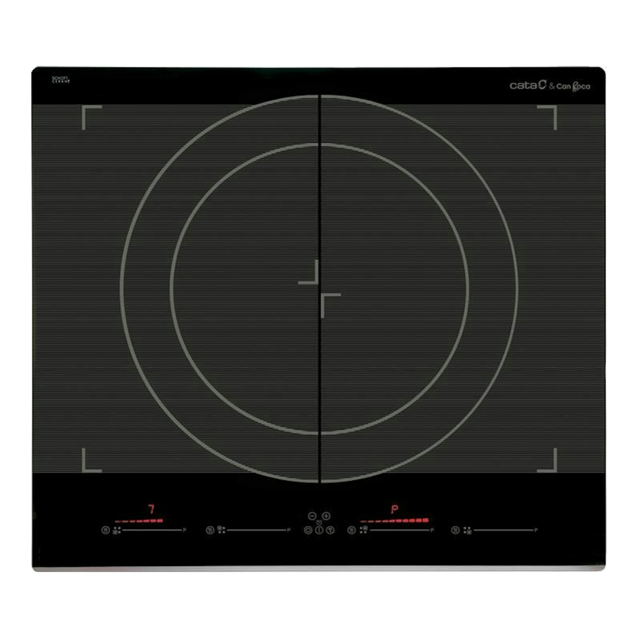 Placa de inducción Cata Giga600BK negra, vista frontal, con dos zonas circulares y controles táctiles.